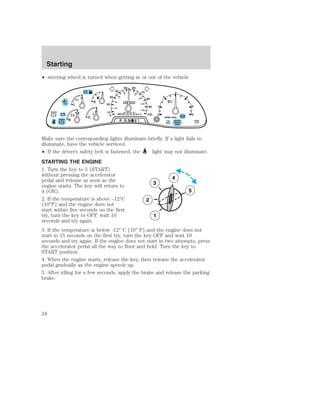 • steering wheel is turned when getting in or out of the vehicle 
F 
E 
C 
H 
H 
L 
18 
LOW 
FUEL 
+ - + - 
50 60 
80 100 
0 0 0 0 0 0 
0 0 0 
0 
30 
20 
10 
0 
40 
40 
20 
60 
120 
MPH km/h 
8 P R N 21 
70 
80 
90 
100 
140 
180 
BRAKE 
! 
1 
0 
2 
3 
RPMx1000 
4 
5 
6 
SERVICE 
ENGINE 
SOON 
ABS 
FUEL 
RESET 
DOOR 
AJAR 
BRAKE 
Make sure the corresponding lights illuminate briefly. If a light fails to 
illuminate, have the vehicle serviced. 
• If the driver’s safety belt is fastened, the light may not illuminate. 
STARTING THE ENGINE 
1. Turn the key to 5 (START) 
without pressing the accelerator 
pedal and release as soon as the 
4 
engine starts. The key will return to 
3 
4 (ON). 
5 
2. If the temperature is above –12°C 
2 
(10°F) and the engine does not 
start within five seconds on the first 
try, turn the key to OFF, wait 10 
1 
seconds and try again. 
3. If the temperature is below -12° C (10° F) and the engine does not 
start in 15 seconds on the first try, turn the key OFF and wait 10 
seconds and try again. If the engine does not start in two attempts, press 
the accelerator pedal all the way to floor and hold. Turn the key to 
START position. 
4. When the engine starts, release the key, then release the accelerator 
pedal gradually as the engine speeds up. 
5. After idling for a few seconds, apply the brake and release the parking 
brake. 
Starting 
24 
 