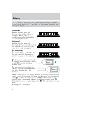 Always set the parking brake fully and make sure the gearshift 
lever is latched in P (Park). Turn off the ignition whenever you 
leave your vehicle. 
R (Reverse) 
With the gearshift lever in R 
(Reverse), the vehicle will move 
backward. Always come to a 
complete stop before shifting into 
and out of R (Reverse). 
N (Neutral) 
With the gearshift lever in N 
(Neutral), the vehicle can be started 
and is free to roll. Hold the brake 
pedal down while in this gear. 
(Overdrive) 
The normal driving position for the 
best fuel economy. Transmission 
operates in gears one through four. 
(Overdrive) can be deactivated 
by pressing the transmission control 
switch (TCS) on the end of the 
OVERDRIVE OFF 
gearshift lever. 
The transmission control indicator 
light (TCIL) (the word OFF) on the 
end of the gearshift lever will 
OVERDRIVE 
illuminate. 
Drive – Not shown on the display. Activate by pressing the transmission 
control switch (TCS) on the end of the gearshift lever with the gearshift 
in the position. The TCIL (the word OFF) will illuminate on the 
gearshift lever. Transmission operates in gears one through three. 
(Drive) provides more engine braking than (Overdrive) and is useful 
when: 
• driving with a heavy load. 
Driving 
32 
 