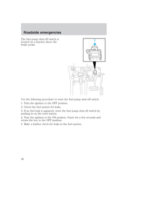 Roadside emergencies 
The fuel pump shut-off switch is 
located on a bracket above the 
brake pedal. 
Use the following procedure to reset the fuel pump shut-off switch. 
1. Turn the ignition to the OFF position. 
2. Check the fuel system for leaks. 
3. If no fuel leak is apparent, reset the fuel pump shut-off switch by 
pushing in on the reset button. 
4. Turn the ignition to the ON position. Pause for a few seconds and 
return the key to the OFF position. 
5. Make a further check for leaks in the fuel system. 
40 
 