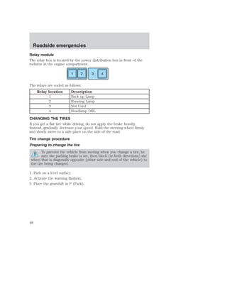 Roadside emergencies 
Relay module 
The relay box is located by the power distribution box in front of the 
radiator in the engine compartment. 
1 2 3 4 
The relays are coded as follows: 
Relay location Description 
1 Back up Lamp 
2 Running Lamp 
3 Not Used 
4 Headlamp DRL 
CHANGING THE TIRES 
If you get a flat tire while driving, do not apply the brake heavily. 
Instead, gradually decrease your speed. Hold the steering wheel firmly 
and slowly move to a safe place on the side of the road. 
Tire change procedure 
Preparing to change the tire 
To prevent the vehicle from moving when you change a tire, be 
sure the parking brake is set, then block (in both directions) the 
wheel that is diagonally opposite (other side and end of the vehicle) to 
the tire being changed. 
1. Park on a level surface. 
2. Activate the warning flashers. 
3. Place the gearshift in P (Park). 
48 
 
