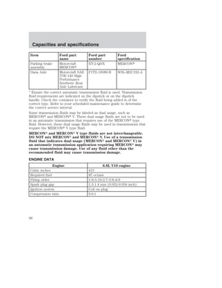 Capacities and specifications 
Item Ford part 
name 
Ford part 
number 
Ford 
specification 
Parking brake 
assembly 
Motorcraft 
MERCON 
XT-2-QDX MERCON 
Dana Axle Motorcraft SAE 
75W-140 High 
Performance 
Synthetic Rear 
Axle Lubricant 
F1TZ-19580-B WSL-M2C192-A 
1 Ensure the correct automatic transmission fluid is used. Transmission 
fluid requirements are indicated on the dipstick or on the dipstick 
handle. Check the container to verify the fluid being added is of the 
correct type. Refer to your scheduled maintenance guide to determine 
the correct service interval. 
Some transmission fluids may be labeled as dual usage, such as 
MERCON and MERCON V. These dual usage fluids are not to be used 
in an automatic transmission that requires use of the MERCON type 
fluid. However, these dual usage fluids may be used in transmissions that 
require the MERCON V type fluid. 
MERCON and MERCON V type fluids are not interchangeable. 
DO NOT mix MERCON and MERCON V. Use of a transmission 
fluid that indicates dual usage (MERCON and MERCON V) in 
an automatic transmission application requiring MERCON may 
cause transmission damage. Use of any fluid other than the 
recommended fluid may cause transmission damage. 
ENGINE DATA 
Engine 6.8L V10 engine 
Cubic inches 415 
Required fuel 87 octane 
Firing order 1-6-5-10-2-7-3-8-4-9 
Spark plug gap 1.3-1.4 mm (0.052-0.056 inch) 
Ignition system Coil on plug 
Compression ratio 9.0:1 
96 
 