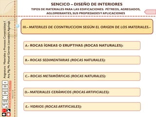 III.- MATERILES DE COSNTRUCCION SEGÚN EL ORIGEN DE LOS MATERIALES.-
A.- ROCAS ÍGNEAS O ERUPTIVAS (ROCAS NATURALES):
B.- ROCAS SEDIMENTARIAS (ROCAS NATURALES):
C.- ROCAS METAMÓRFICAS (ROCAS NATURALES):
E.- VIDRIOS (ROCAS ARTIFICIALES):
D.- MATERIALES CERÁMICOS (ROCAS ARTIFICIALES):
Asignatura:MaterialesyProcesosConstructivosI
Arq.Mg.Ms.ManuelGermánLizarzaburuAguinaga
SENCICO – DISEÑO DE INTERIORES
TIPOS DE MATERIALES PARA LAS EDIFICACIONES: PÉTREOS, AGREGADOS,
AGLOMERANTES, SUS PROPIEDADESY APLICACIONES
 