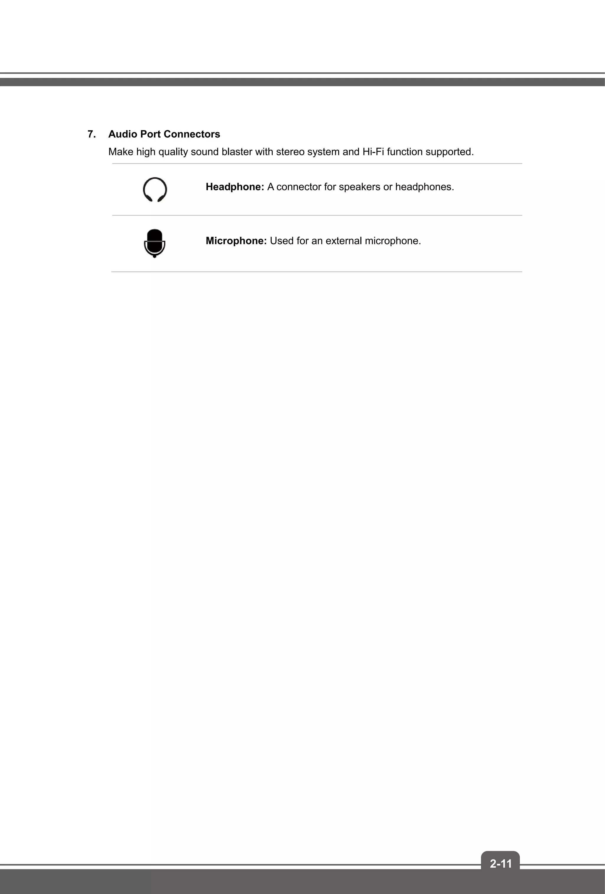 2-11
7. Audio Port Connectors
Make high quality sound blaster with stereo system and Hi-Fi function supported.
Headphone: A connector for speakers or headphones.
Microphone: Used for an external microphone.
 