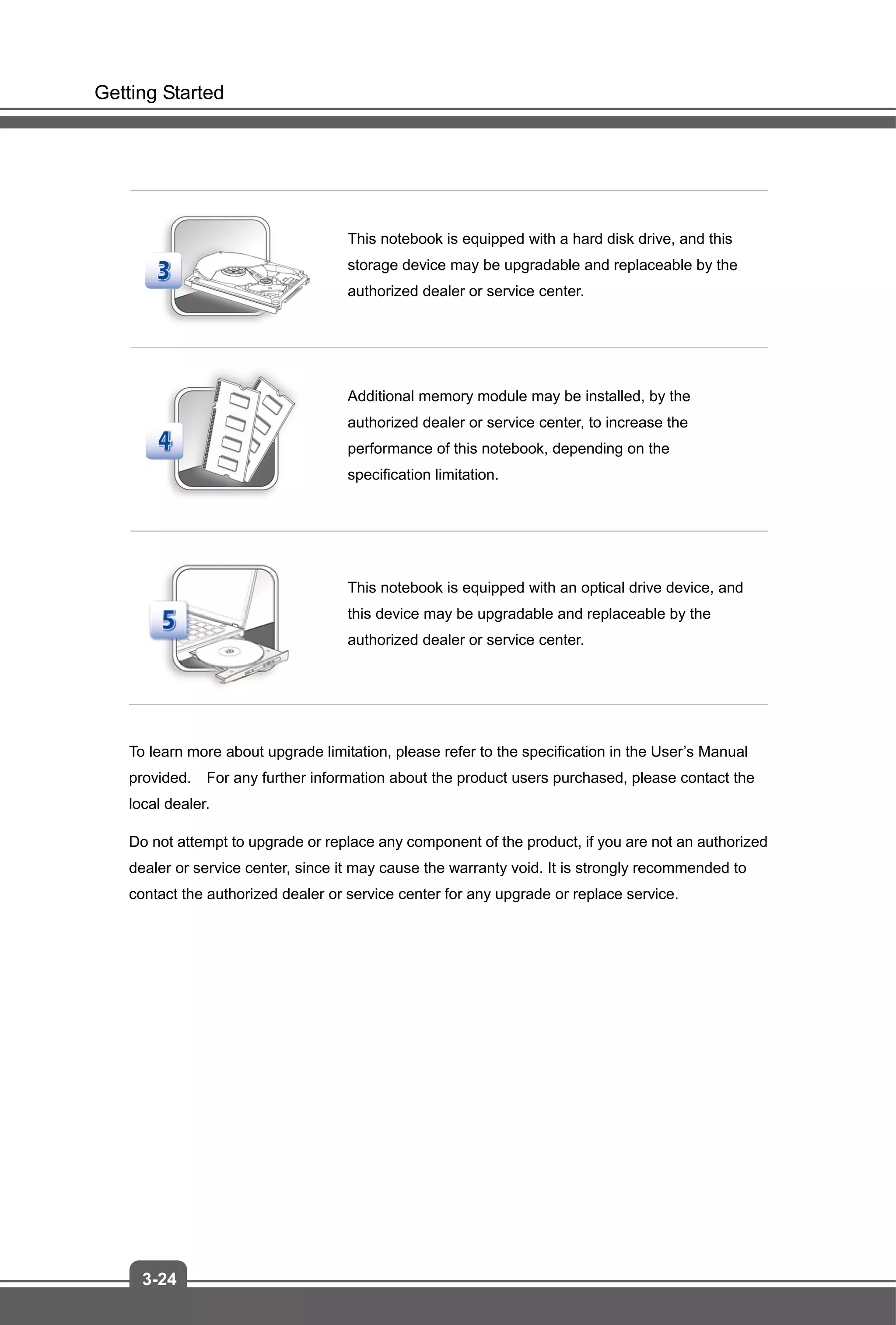 Getting Started
3-24
This notebook is equipped with a hard disk drive, and this
storage device may be upgradable and replaceable by the
authorized dealer or service center.
Additional memory module may be installed, by the
authorized dealer or service center, to increase the
performance of this notebook, depending on the
specification limitation.
This notebook is equipped with an optical drive device, and
this device may be upgradable and replaceable by the
authorized dealer or service center.
To learn more about upgrade limitation, please refer to the specification in the User’s Manual
provided. For any further information about the product users purchased, please contact the
local dealer.
Do not attempt to upgrade or replace any component of the product, if you are not an authorized
dealer or service center, since it may cause the warranty void. It is strongly recommended to
contact the authorized dealer or service center for any upgrade or replace service.
 