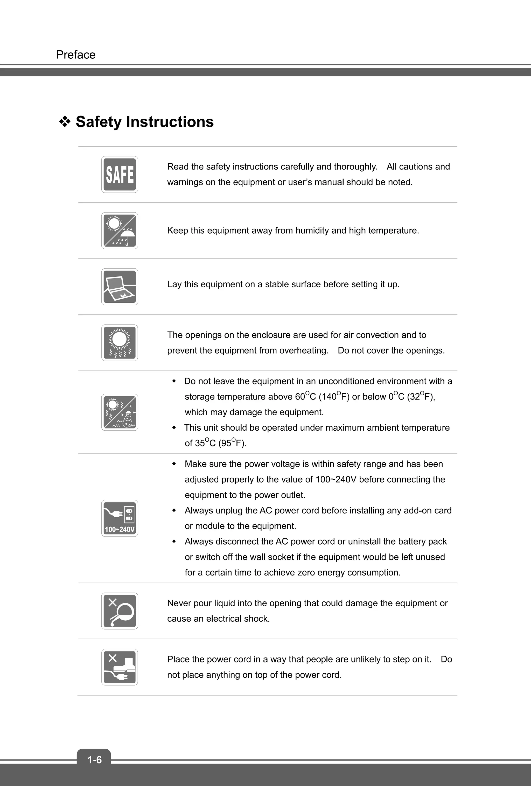 Preface
1-6
 Safety Instructions
Read the safety instructions carefully and thoroughly. All cautions and
warnings on the equipment or user’s manual should be noted.
Keep this equipment away from humidity and high temperature.
Lay this equipment on a stable surface before setting it up.
The openings on the enclosure are used for air convection and to
prevent the equipment from overheating. Do not cover the openings.
 Do not leave the equipment in an unconditioned environment with a
storage temperature above 60O
C (140O
F) or below 0O
C (32O
F),
which may damage the equipment.
 This unit should be operated under maximum ambient temperature
of 35O
C (95O
F).
 Make sure the power voltage is within safety range and has been
adjusted properly to the value of 100~240V before connecting the
equipment to the power outlet.
 Always unplug the AC power cord before installing any add-on card
or module to the equipment.
 Always disconnect the AC power cord or uninstall the battery pack
or switch off the wall socket if the equipment would be left unused
for a certain time to achieve zero energy consumption.
Never pour liquid into the opening that could damage the equipment or
cause an electrical shock.
Place the power cord in a way that people are unlikely to step on it. Do
not place anything on top of the power cord.
 