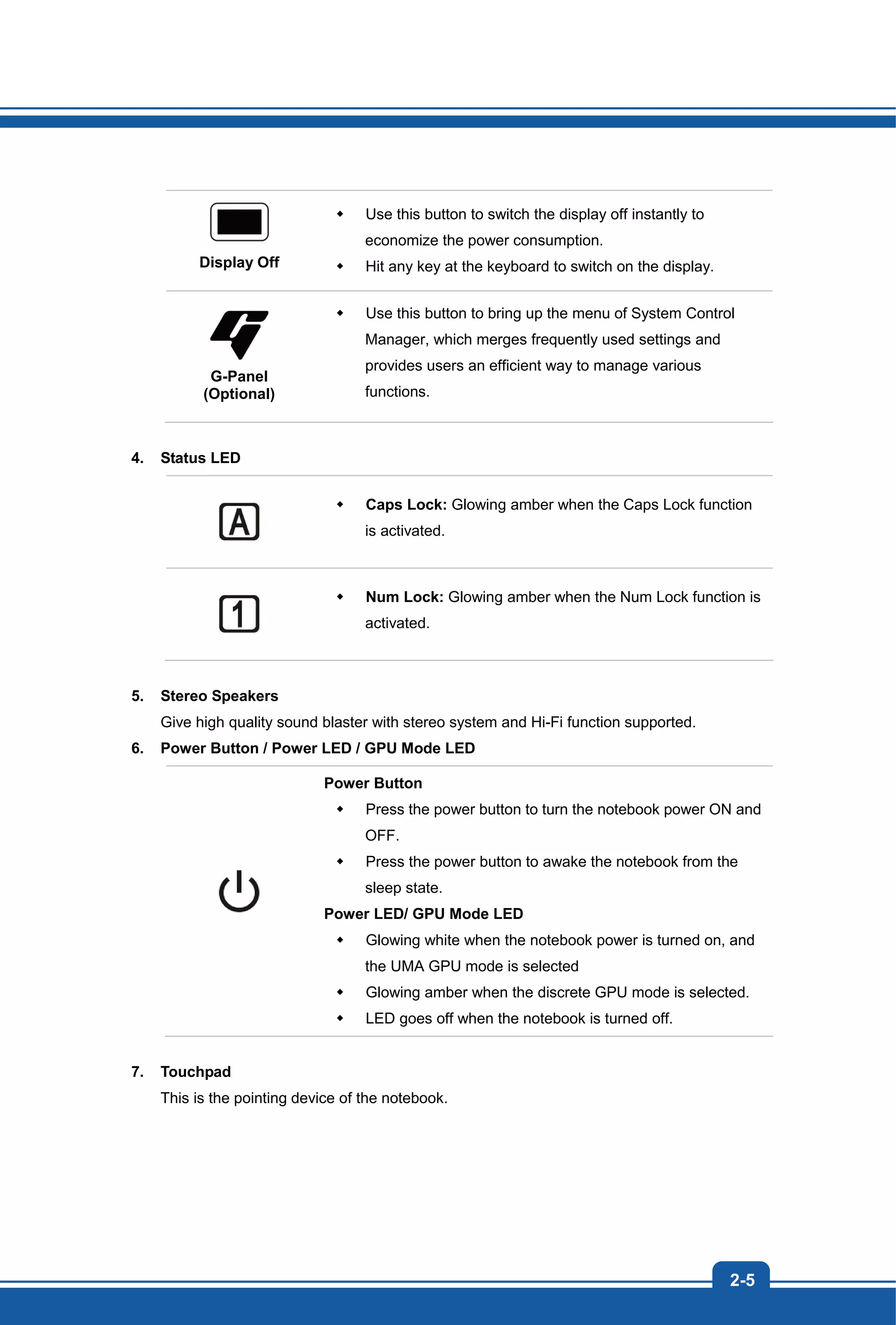 2-5
Display Off
Use this button to switch the display off instantly to
economize the power consumption.
Hit any key at the keyboard to switch on the display.
G-Panel
(Optional)
Use this button to bring up the menu of System Control
Manager, which merges frequently used settings and
provides users an efficient way to manage various
functions.
4. Status LED
Caps Lock: Glowing amber when the Caps Lock function
is activated.
Num Lock: Glowing amber when the Num Lock function is
activated.
5. Stereo Speakers
Give high quality sound blaster with stereo system and Hi-Fi function supported.
6. Power Button / Power LED / GPU Mode LED
Power Button
Press the power button to turn the notebook power ON and
OFF.
Press the power button to awake the notebook from the
sleep state.
Power LED/ GPU Mode LED
Glowing white when the notebook power is turned on, and
the UMA GPU mode is selected
Glowing amber when the discrete GPU mode is selected.
LED goes off when the notebook is turned off.
7. Touchpad
This is the pointing device of the notebook.
 
