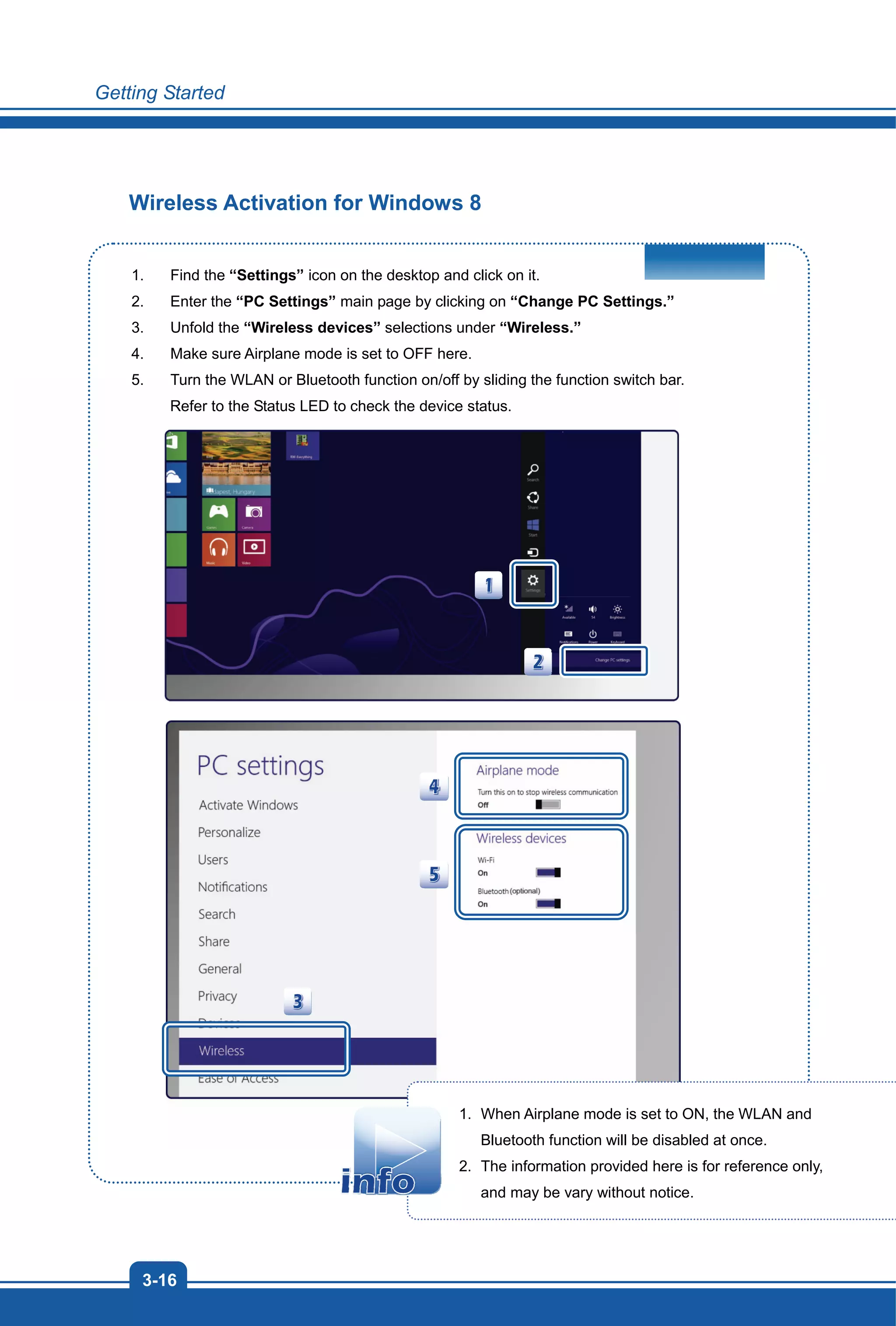 Getting Started
3-16
Wireless Activation for Windows 8
1. Find the “Settings” icon on the desktop and click on it.
2. Enter the “PC Settings” main page by clicking on “Change PC Settings.”
3. Unfold the “Wireless devices” selections under “Wireless.”
4. Make sure Airplane mode is set to OFF here.
5. Turn the WLAN or Bluetooth function on/off by sliding the function switch bar.
Refer to the Status LED to check the device status.
1. When Airplane mode is set to ON, the WLAN and
Bluetooth function will be disabled at once.
2. The information provided here is for reference only,
and may be vary without notice.
 