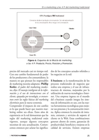 El e-marketing y las 4 P del marketing tradicional
25
precios del mercado casi en tiempo real.
Con este cambio fundamental de poder
de los productores a los consumidores, la
manera en que piensan los responsables
de marketing necesita adaptarse. Phillip
Kotler, el padre del marketing moder-
no, dijo: El manejo inteligente de la infor-
mación y el uso de interacciones con el
cliente, apoyadas por tecnología, se encuen-
tran entre las reglas básicas del marketing
electrónico para la nueva economía.
Comprender el impacto de este cambio
es lo que puede hacer que nuestro mar-
keting online sea eficaz. Estos años de
experiencia en la red demuestran que las
reglas del marketing tradicional están
vigentes, aunque algunos conceptos
necesitan de una actualización. Comen-
cemos entonces por aclarar los significa-
dos de los conceptos actuales referidos a
los negocios en la red:
E-business: es la transformación de los
procesos tradicionales de negocios que
realiza una empresa y el uso de infraes-
tructura de sistemas, mejorados por la
utilización de nuevas tecnologías e Inter-
net. Una empresa ingresa en el mundo
del e-business cuando integra los siste-
mas de información en uso, con las nue-
vas herramientas tecnológicas para mejo-
rar sus procesos y la comunicación inter-
na. Aplica entonces la creación de intra-
nets, extranets y servicios de soporte al
cliente en la Web. Estas combinaciones
generan ahorro de costos, ganancias de
productividad, beneficios y mejoras en la
calidad de servicios. Existen empresas
Figura 6. Esquema de la Mezcla de marketing
o las 4 P: Producto, Precio, Posición y Promoción.
#01_E-Marketing.qxp 24/10/2008 18:12 PÆgina 25
 