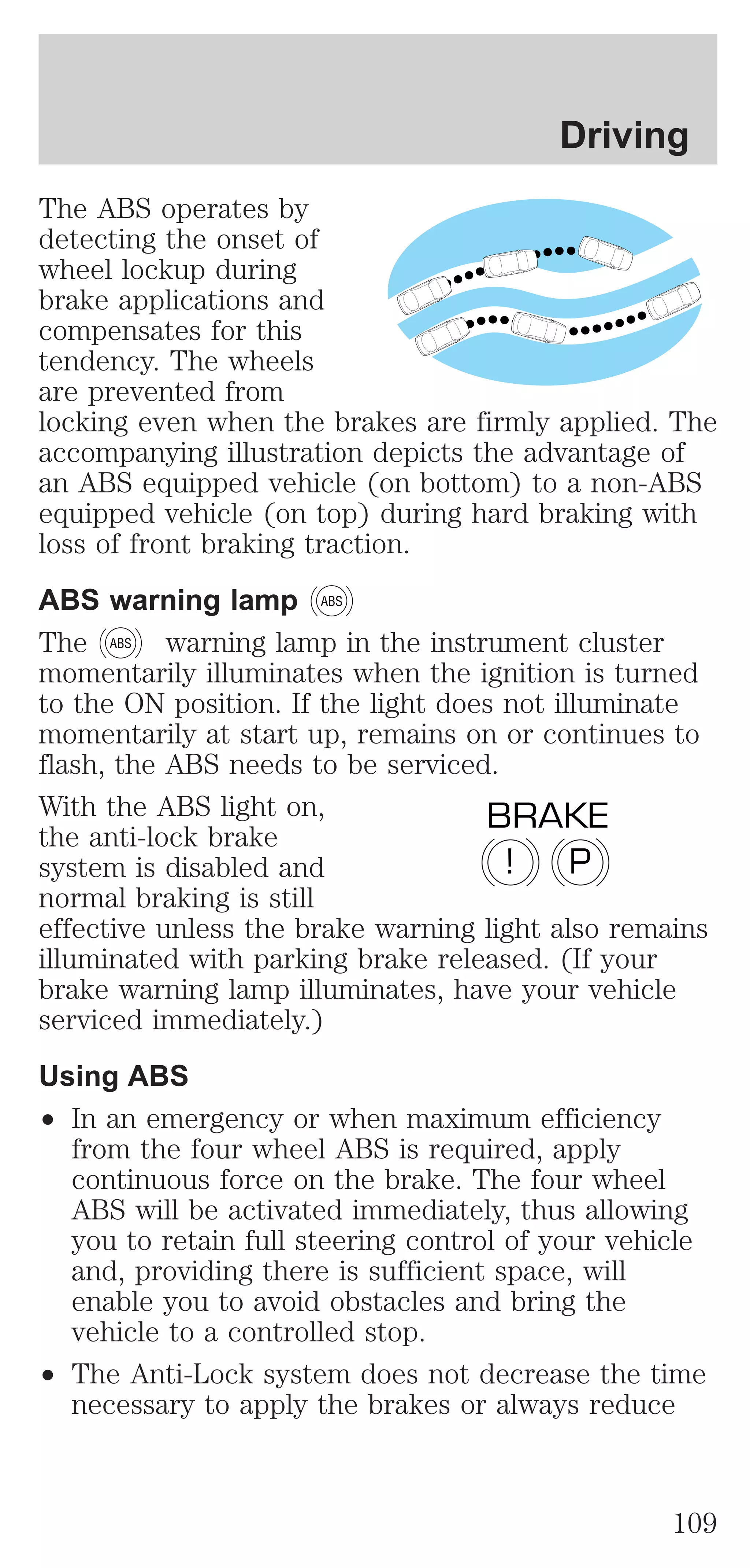 Driving 
The ABS operates by 
detecting the onset of 
wheel lockup during 
brake applications and 
compensates for this 
tendency. The wheels 
are prevented from 
locking even when the brakes are firmly applied. The 
accompanying illustration depicts the advantage of 
an ABS equipped vehicle (on bottom) to a non-ABS 
equipped vehicle (on top) during hard braking with 
loss of front braking traction. 
ABS warning lamp ABS 
The ABS warning lamp in the instrument cluster 
momentarily illuminates when the ignition is turned 
to the ON position. If the light does not illuminate 
momentarily at start up, remains on or continues to 
flash, the ABS needs to be serviced. 
With the ABS light on, 
BRAKE 
the anti-lock brake 
system is disabled and 
! P 
normal braking is still 
effective unless the brake warning light also remains 
illuminated with parking brake released. (If your 
brake warning lamp illuminates, have your vehicle 
serviced immediately.) 
Using ABS 
² In an emergency or when maximum efficiency 
from the four wheel ABS is required, apply 
continuous force on the brake. The four wheel 
ABS will be activated immediately, thus allowing 
you to retain full steering control of your vehicle 
and, providing there is sufficient space, will 
enable you to avoid obstacles and bring the 
vehicle to a controlled stop. 
² The Anti-Lock system does not decrease the time 
necessary to apply the brakes or always reduce 
109 
 