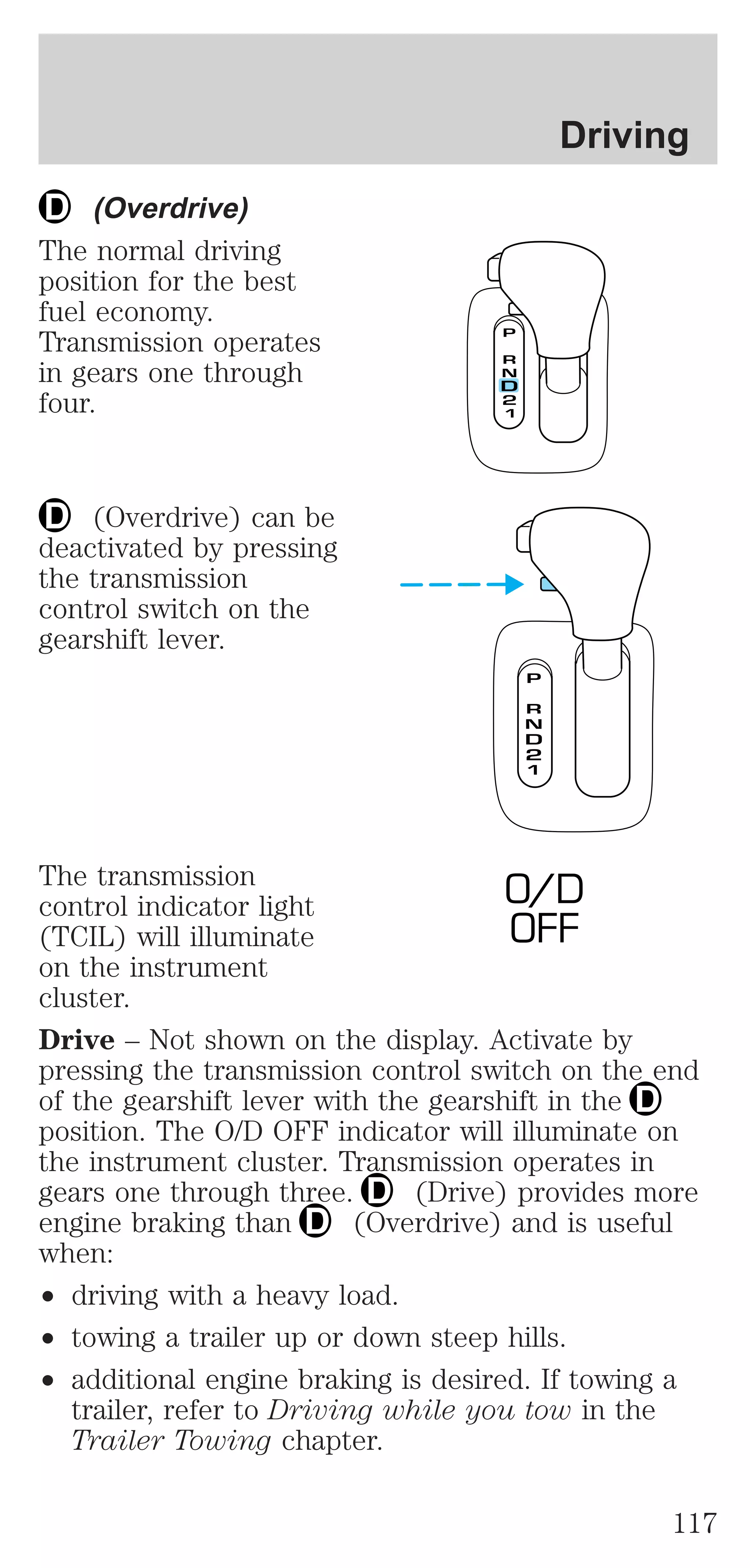 (Overdrive) 
The normal driving 
position for the best 
fuel economy. 
Transmission operates 
in gears one through 
four. 
(Overdrive) can be 
deactivated by pressing 
the transmission 
control switch on the 
gearshift lever. 
Driving 
The transmission 
O/D 
control indicator light 
(TCIL) will illuminate 
OFF 
on the instrument 
cluster. 
Drive – Not shown on the display. Activate by 
pressing the transmission control switch on the end 
of the gearshift lever with the gearshift in the 
position. The O/D OFF indicator will illuminate on 
the instrument cluster. Transmission operates in 
gears one through three. (Drive) provides more 
engine braking than (Overdrive) and is useful 
when: 
² driving with a heavy load. 
² towing a trailer up or down steep hills. 
² additional engine braking is desired. If towing a 
trailer, refer to Driving while you tow in the 
Trailer Towing chapter. 
117 
 