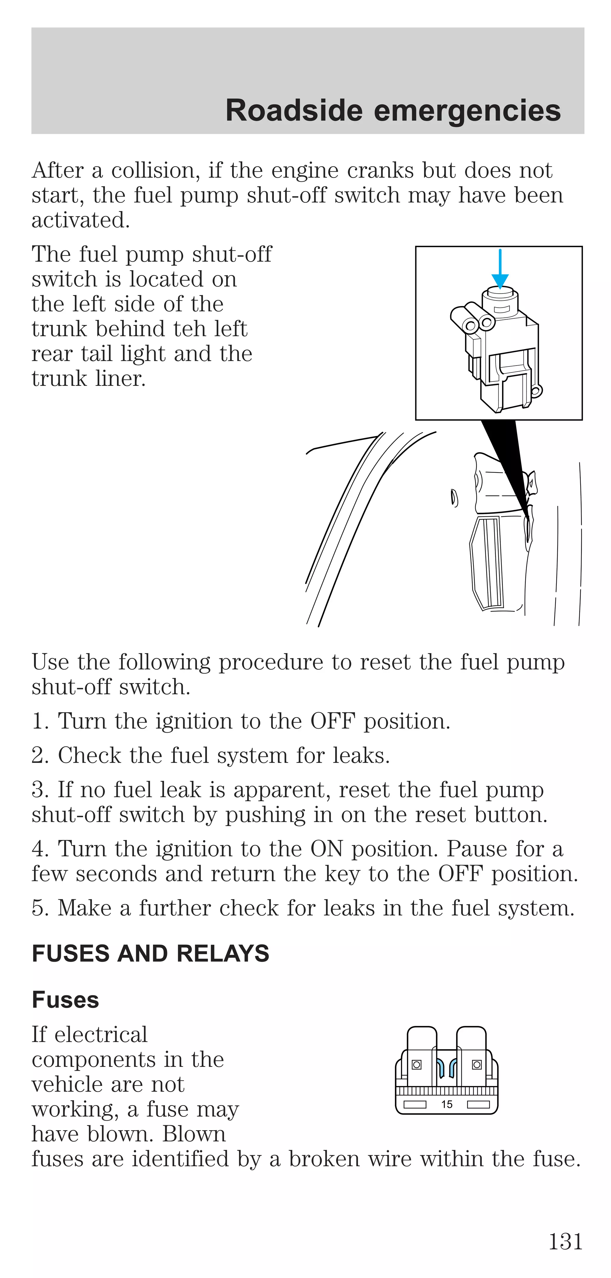 Roadside emergencies 
After a collision, if the engine cranks but does not 
start, the fuel pump shut-off switch may have been 
activated. 
The fuel pump shut-off 
switch is located on 
the left side of the 
trunk behind teh left 
rear tail light and the 
trunk liner. 
Use the following procedure to reset the fuel pump 
shut-off switch. 
1. Turn the ignition to the OFF position. 
2. Check the fuel system for leaks. 
3. If no fuel leak is apparent, reset the fuel pump 
shut-off switch by pushing in on the reset button. 
4. Turn the ignition to the ON position. Pause for a 
few seconds and return the key to the OFF position. 
5. Make a further check for leaks in the fuel system. 
FUSES AND RELAYS 
Fuses 
If electrical 
components in the 
vehicle are not 
working, a fuse may 
15 
have blown. Blown 
fuses are identified by a broken wire within the fuse. 
131 
 