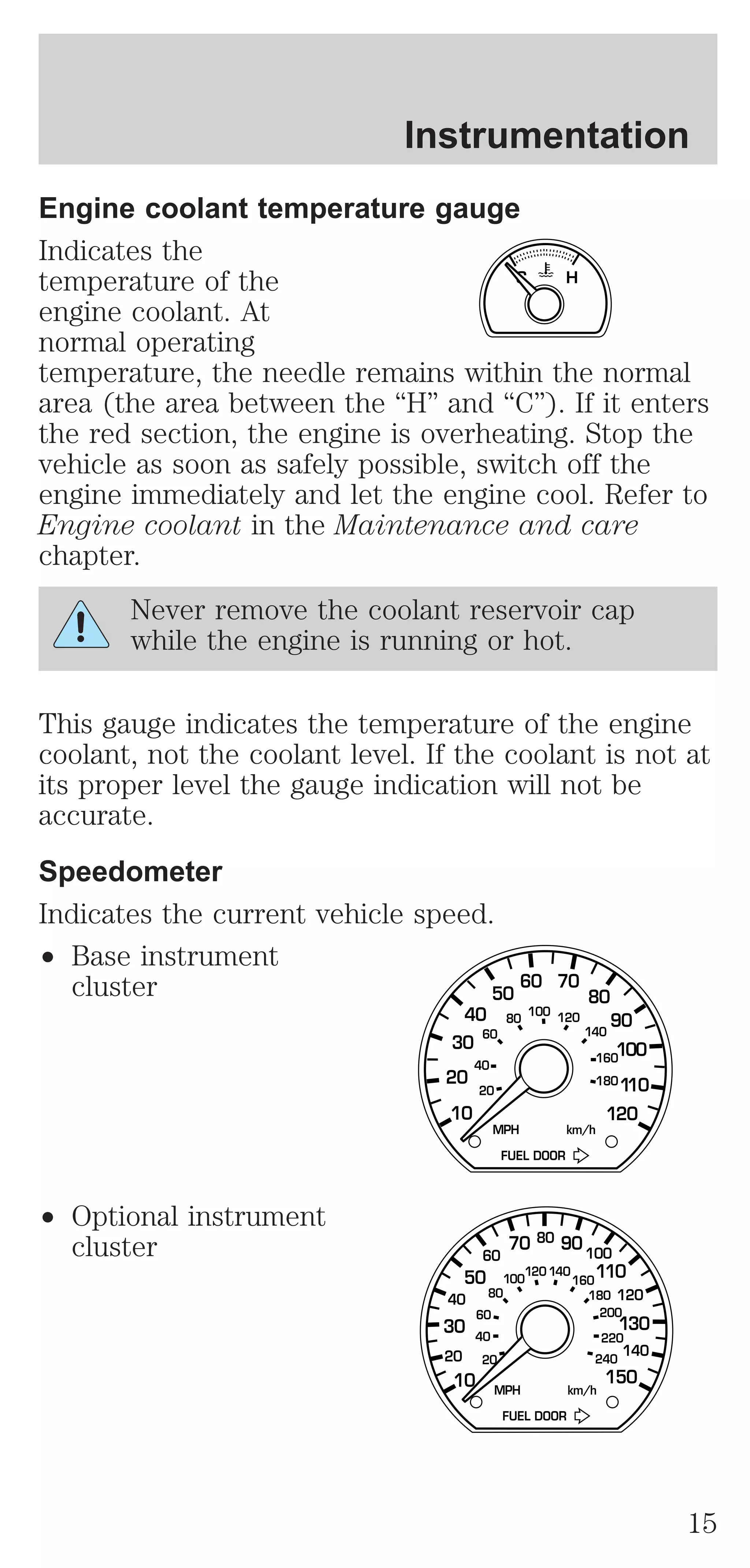 Instrumentation 
Engine coolant temperature gauge 
Indicates the 
temperature of the 
engine coolant. At 
normal operating 
temperature, the needle remains within the normal 
area (the area between the “H” and “C”). If it enters 
the red section, the engine is overheating. Stop the 
vehicle as soon as safely possible, switch off the 
engine immediately and let the engine cool. Refer to 
Engine coolant in the Maintenance and care 
chapter. 
Never remove the coolant reservoir cap 
while the engine is running or hot. 
This gauge indicates the temperature of the engine 
coolant, not the coolant level. If the coolant is not at 
its proper level the gauge indication will not be 
accurate. 
Speedometer 
Indicates the current vehicle speed. 
² Base instrument 
cluster 
² Optional instrument 
cluster 
C H 
30 
20 
10 
60 
40 
20 
80 100 120 
140 
160 
180 
40 
50 
60 70 
80 
90 
100 
110 
120 
MPH km/h 
FUEL DOOR 
50 
40 
20 
80 
60 
40 
10 
60 
80 
20 
100120 140 
100 
160 
120 
180 
200 
220 
240 
140 
30 
70 90 
110 
130 
150 
MPH km/h 
FUEL DOOR 
15 
 