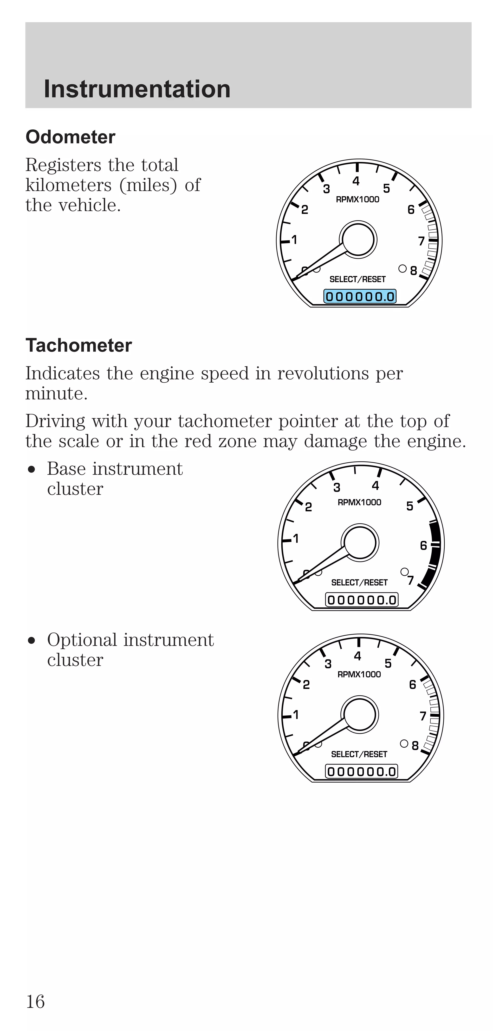 Odometer 
Registers the total 
kilometers (miles) of 
the vehicle. 
4 
5 
Tachometer 
Indicates the engine speed in revolutions per 
minute. 
Driving with your tachometer pointer at the top of 
the scale or in the red zone may damage the engine. 
² Base instrument 
cluster 
² Optional instrument 
cluster 
0 
0 0 0 0 0 0 0 
6 
7 
8 
3 
2 
1 
RPMX1000 
SELECT/RESET 
. 
0 
4 
0 0 0 0 0 0 0 
5 
6 
7 
3 
2 
1 
RPMX1000 
SELECT/RESET 
. 
0 
4 
5 
0 0 0 0 0 0 0 
6 
7 
8 
3 
2 
1 
RPMX1000 
SELECT/RESET 
. 
Instrumentation 
16 
 