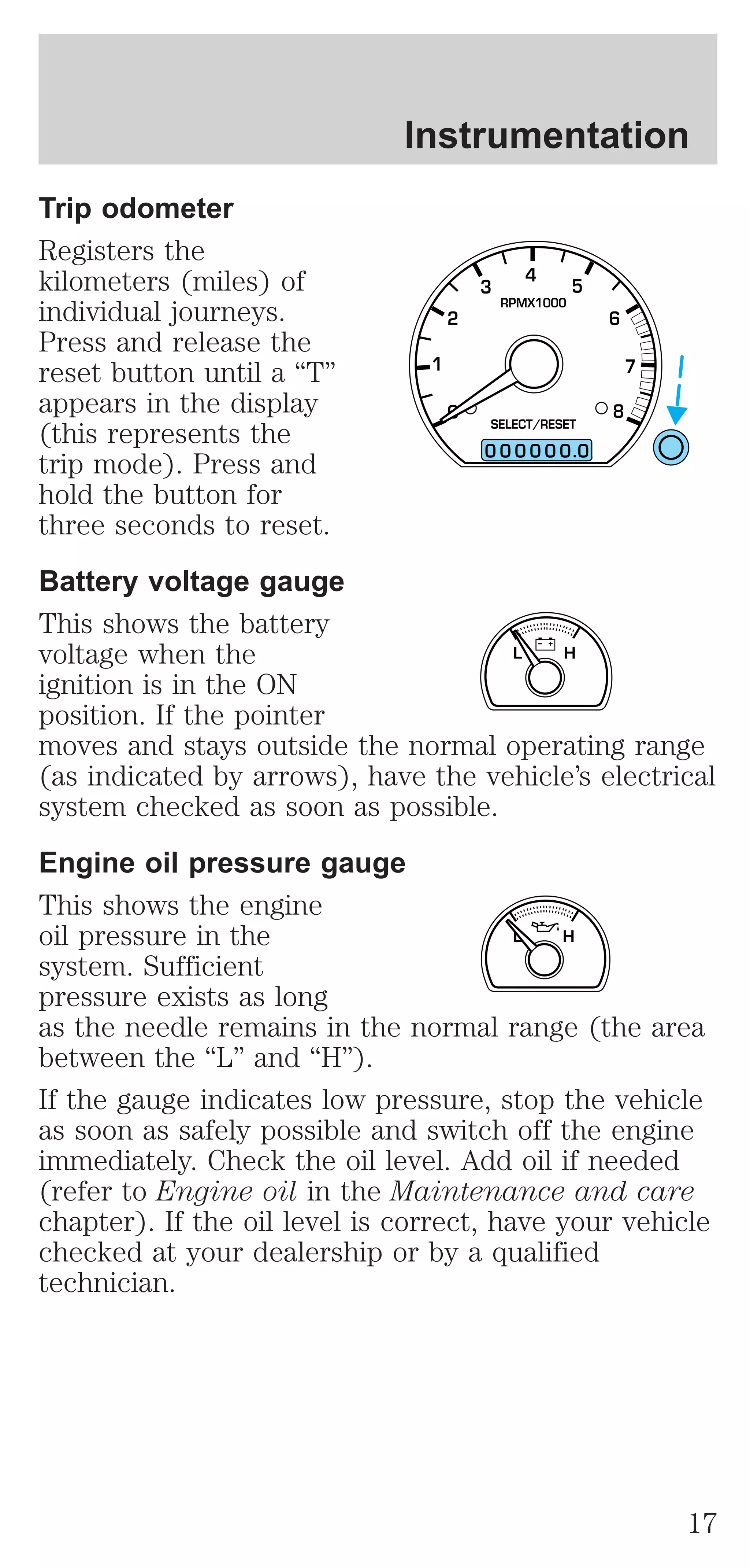 Instrumentation 
Trip odometer 
Registers the 
kilometers (miles) of 
4 
3 
5 
individual journeys. 
RPMX1000 
2 
6 
Press and release the 
reset button until a “T” 
1 
7 
appears in the display 
0 
8 
(this represents the 
SELECT/RESET 
trip mode). Press and 
0 0 0 0 0 0 . 
0 
hold the button for 
three seconds to reset. 
Battery voltage gauge 
This shows the battery 
voltage when the 
L H 
ignition is in the ON 
position. If the pointer 
moves and stays outside the normal operating range 
(as indicated by arrows), have the vehicle’s electrical 
system checked as soon as possible. 
Engine oil pressure gauge 
This shows the engine 
oil pressure in the 
L H 
system. Sufficient 
pressure exists as long 
as the needle remains in the normal range (the area 
between the “L” and “H”). 
If the gauge indicates low pressure, stop the vehicle 
as soon as safely possible and switch off the engine 
immediately. Check the oil level. Add oil if needed 
(refer to Engine oil in the Maintenance and care 
chapter). If the oil level is correct, have your vehicle 
checked at your dealership or by a qualified 
technician. 
17 
 