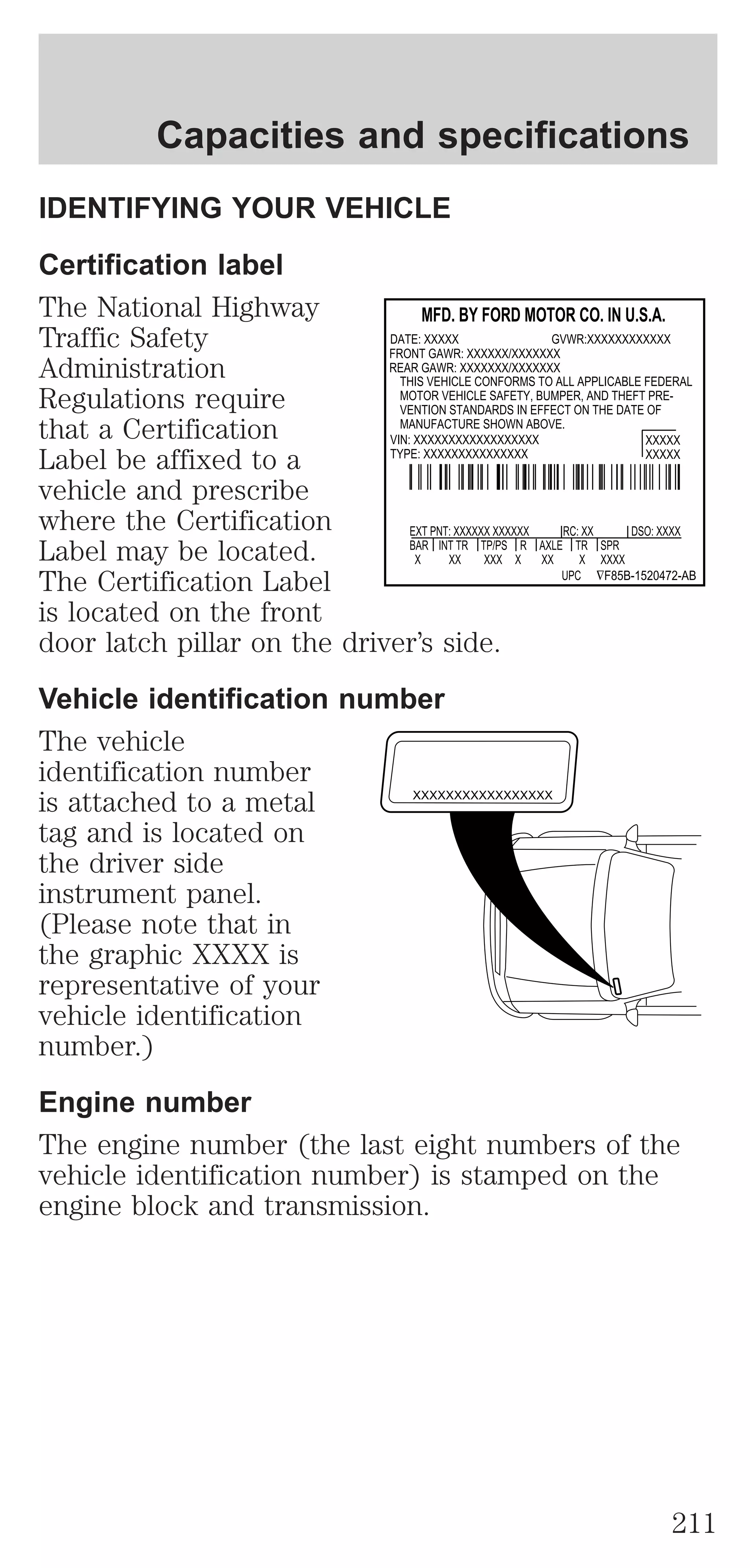 Capacities and specifications 
IDENTIFYING YOUR VEHICLE 
Certification label 
The National Highway 
MFD. BY FORD MOTOR CO. IN U.S.A. 
Traffic Safety 
DATE: XXXXX GVWR:XXXXXXXXXXXX 
Administration 
Regulations require 
that a Certification 
Label be affixed to a 
vehicle and prescribe 
where the Certification 
Label may be located. 
The Certification Label 
is located on the front 
door latch pillar on the driver’s side. 
Vehicle identification number 
The vehicle 
identification number 
is attached to a metal 
tag and is located on 
the driver side 
instrument panel. 
(Please note that in 
the graphic XXXX is 
representative of your 
vehicle identification 
number.) 
Engine number 
The engine number (the last eight numbers of the 
vehicle identification number) is stamped on the 
engine block and transmission. 
FRONT GAWR: XXXXXX/XXXXXXX 
REAR GAWR: XXXXXXX/XXXXXXX 
THIS VEHICLE CONFORMS TO ALL APPLICABLE FEDERAL 
MOTOR VEHICLE SAFETY, BUMPER, AND THEFT PRE-VENTION 
STANDARDS IN EFFECT ON THE DATE OF 
XXXXX 
XXXXX 
MANUFACTURE SHOWN ABOVE. 
EXT PNT: XXXXXX XXXXXX RC: XX DSO: XXXX 
BAR INT TR TP/PS R AXLE TR SPR 
X XX XXX X XX X XXXX 
UPC ÑF85B-1520472-AB 
VIN: XXXXXXXXXXXXXXXXXX 
TYPE: XXXXXXXXXXXXXXX 
XXXXXXXXXXXXXXXXX 
211 
 