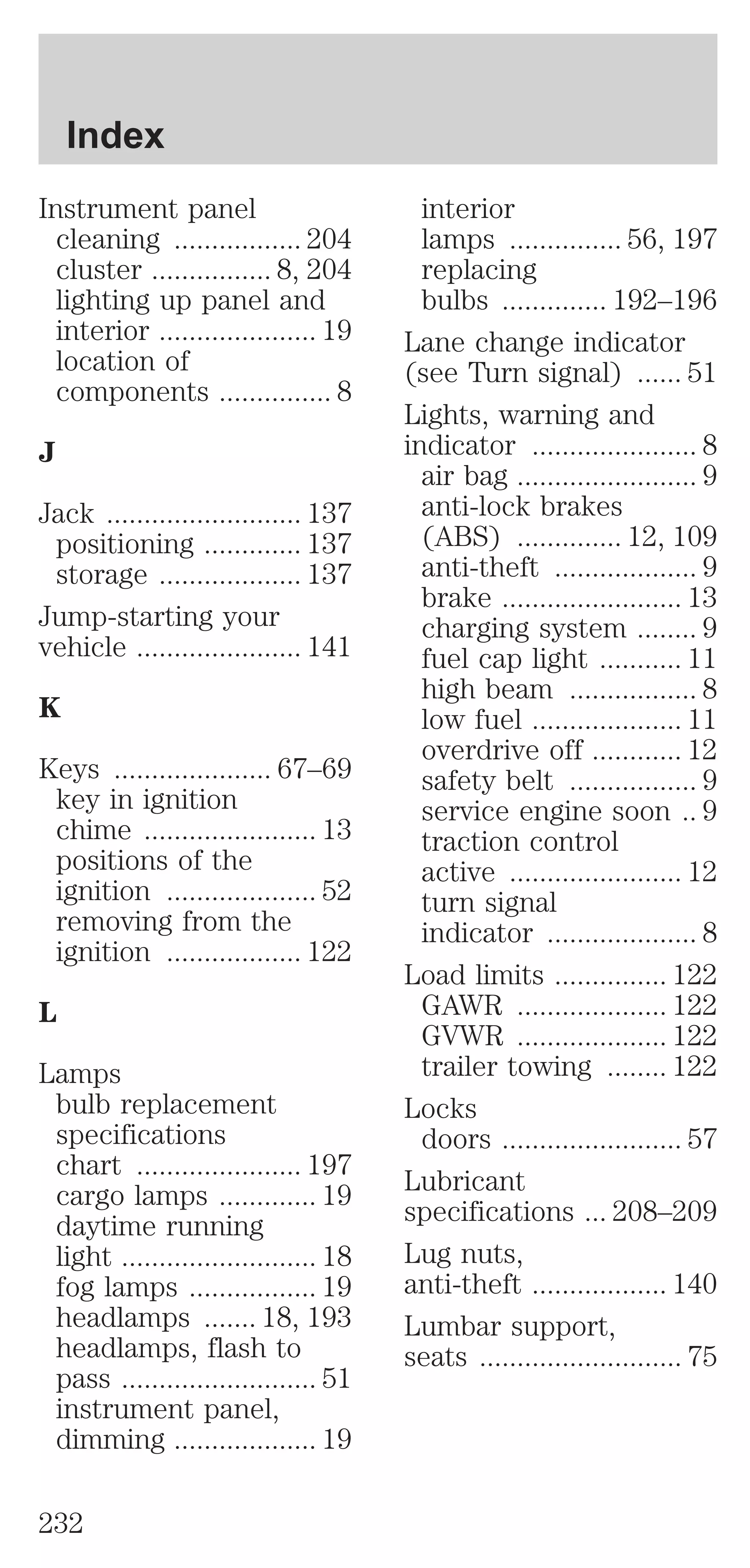 Instrument panel 
cleaning ................. 204 
cluster ................ 8, 204 
lighting up panel and 
interior ..................... 19 
location of 
components ............... 8 
J 
Jack .......................... 137 
positioning ............. 137 
storage ................... 137 
Jump-starting your 
vehicle ...................... 141 
K 
Keys ..................... 67–69 
key in ignition 
chime ....................... 13 
positions of the 
ignition .................... 52 
removing from the 
ignition .................. 122 
L 
Lamps 
bulb replacement 
specifications 
chart ...................... 197 
cargo lamps ............. 19 
daytime running 
light .......................... 18 
fog lamps ................. 19 
headlamps ....... 18, 193 
headlamps, flash to 
pass .......................... 51 
instrument panel, 
dimming ................... 19 
interior 
lamps ............... 56, 197 
replacing 
bulbs .............. 192–196 
Lane change indicator 
(see Turn signal) ...... 51 
Lights, warning and 
indicator ...................... 8 
air bag ........................ 9 
anti-lock brakes 
(ABS) .............. 12, 109 
anti-theft ................... 9 
brake ........................ 13 
charging system ........ 9 
fuel cap light ........... 11 
high beam ................. 8 
low fuel .................... 11 
overdrive off ............ 12 
safety belt ................. 9 
service engine soon .. 9 
traction control 
active ....................... 12 
turn signal 
indicator .................... 8 
Load limits ............... 122 
GAWR .................... 122 
GVWR .................... 122 
trailer towing ........ 122 
Locks 
doors ........................ 57 
Lubricant 
specifications ... 208–209 
Lug nuts, 
anti-theft .................. 140 
Lumbar support, 
seats ........................... 75 
Index 
232 
 