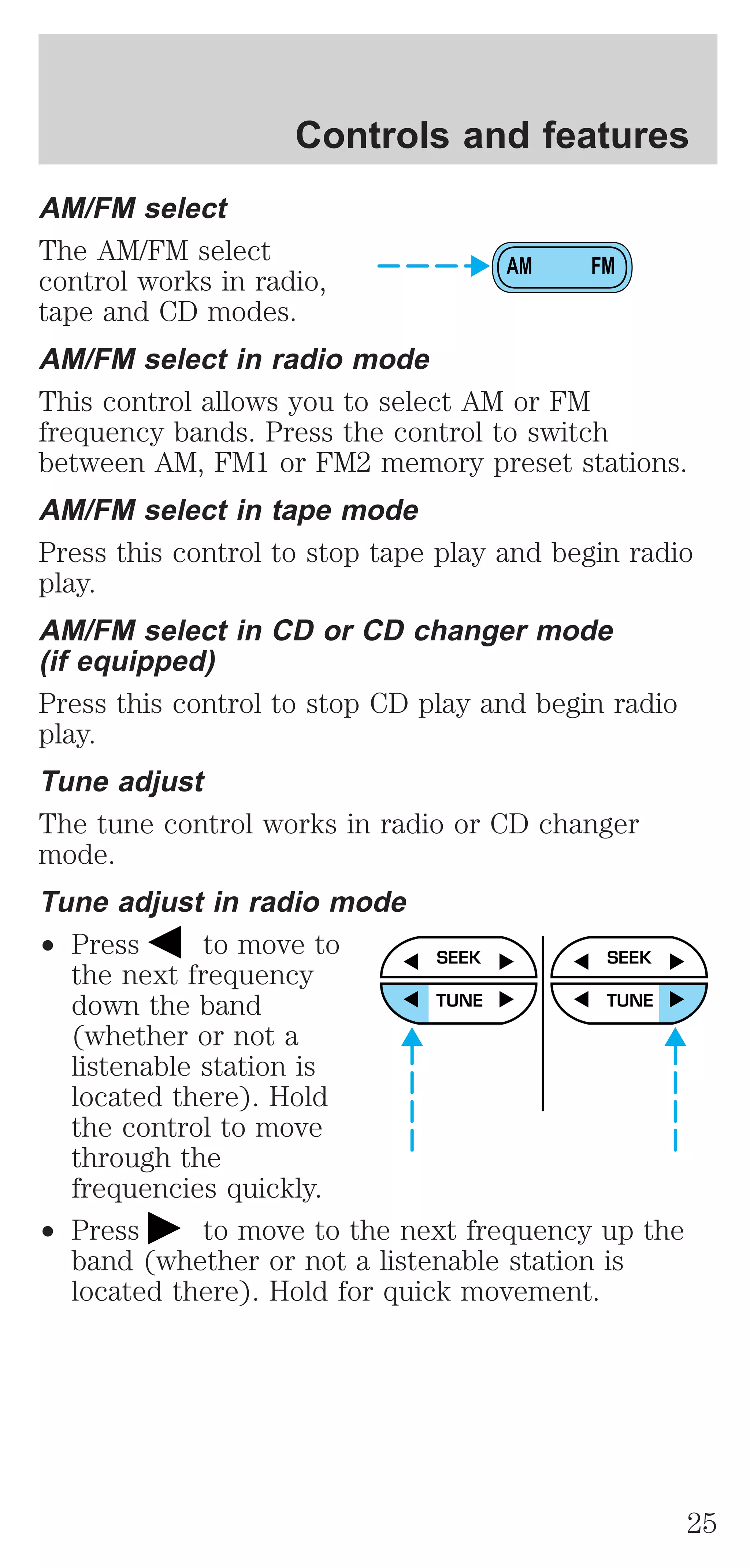 Controls and features 
AM/FM select 
The AM/FM select 
control works in radio, 
tape and CD modes. 
AM/FM select in radio mode 
This control allows you to select AM or FM 
frequency bands. Press the control to switch 
between AM, FM1 or FM2 memory preset stations. 
AM/FM select in tape mode 
Press this control to stop tape play and begin radio 
play. 
AM/FM select in CD or CD changer mode 
(if equipped) 
Press this control to stop CD play and begin radio 
play. 
Tune adjust 
The tune control works in radio or CD changer 
mode. 
Tune adjust in radio mode 
² Press to move to 
the next frequency 
down the band 
(whether or not a 
listenable station is 
located there). Hold 
the control to move 
through the 
frequencies quickly. 
AM FM 
SEEK 
TUNE 
SEEK 
TUNE 
² Press to move to the next frequency up the 
band (whether or not a listenable station is 
located there). Hold for quick movement. 
25 
 