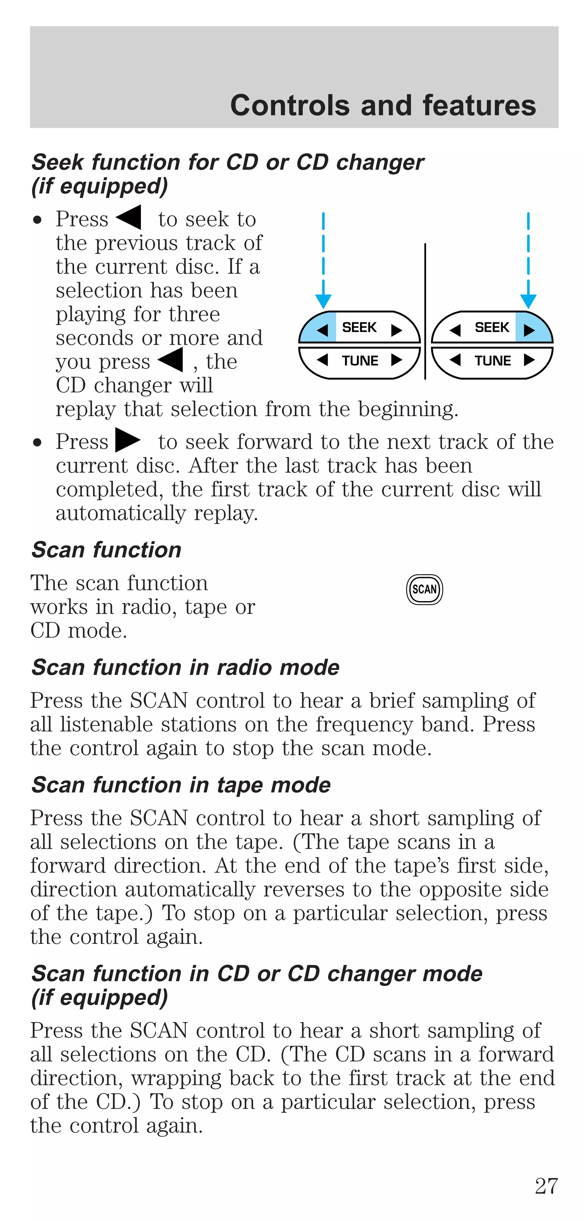 Controls and features 
Seek function for CD or CD changer 
(if equipped) 
² Press to seek to 
the previous track of 
the current disc. If a 
selection has been 
playing for three 
seconds or more and 
you press , the 
CD changer will 
replay that selection from the beginning. 
SEEK SEEK 
TUNE TUNE 
² Press to seek forward to the next track of the 
current disc. After the last track has been 
completed, the first track of the current disc will 
automatically replay. 
Scan function 
The scan function 
SCAN 
works in radio, tape or 
CD mode. 
Scan function in radio mode 
Press the SCAN control to hear a brief sampling of 
all listenable stations on the frequency band. Press 
the control again to stop the scan mode. 
Scan function in tape mode 
Press the SCAN control to hear a short sampling of 
all selections on the tape. (The tape scans in a 
forward direction. At the end of the tape’s first side, 
direction automatically reverses to the opposite side 
of the tape.) To stop on a particular selection, press 
the control again. 
Scan function in CD or CD changer mode 
(if equipped) 
Press the SCAN control to hear a short sampling of 
all selections on the CD. (The CD scans in a forward 
direction, wrapping back to the first track at the end 
of the CD.) To stop on a particular selection, press 
the control again. 
27 
 