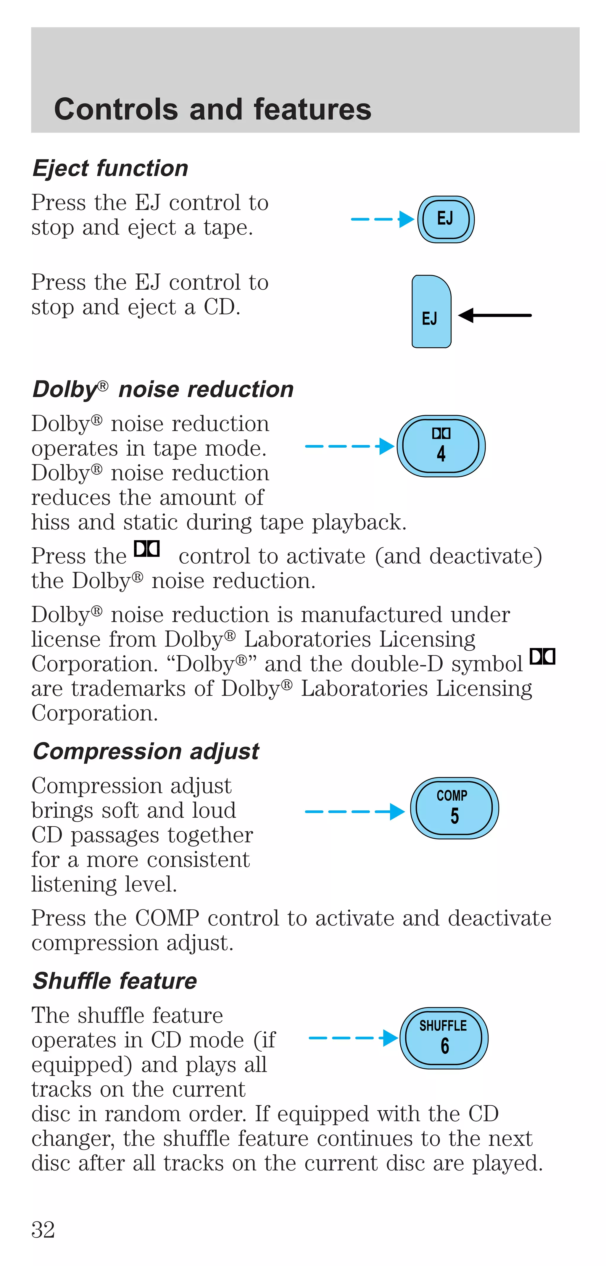 Eject function 
Press the EJ control to 
stop and eject a tape. 
Press the EJ control to 
stop and eject a CD. 
EJ 
EJ 
DolbyT noise reduction 
Dolbyt noise reduction 
operates in tape mode. 
4 
Dolbyt noise reduction 
reduces the amount of 
hiss and static during tape playback. 
Press the control to activate (and deactivate) 
the Dolbyt noise reduction. 
Dolbyt noise reduction is manufactured under 
license from Dolbyt Laboratories Licensing 
Corporation. “Dolbyt” and the double-D symbol 
are trademarks of Dolbyt Laboratories Licensing 
Corporation. 
Compression adjust 
Compression adjust 
COMP 
brings soft and loud 
5 
CD passages together 
for a more consistent 
listening level. 
Press the COMP control to activate and deactivate 
compression adjust. 
Shuffle feature 
The shuffle feature 
SHUFFLE 
operates in CD mode (if 
6 
equipped) and plays all 
tracks on the current 
disc in random order. If equipped with the CD 
changer, the shuffle feature continues to the next 
disc after all tracks on the current disc are played. 
Controls and features 
32 
 