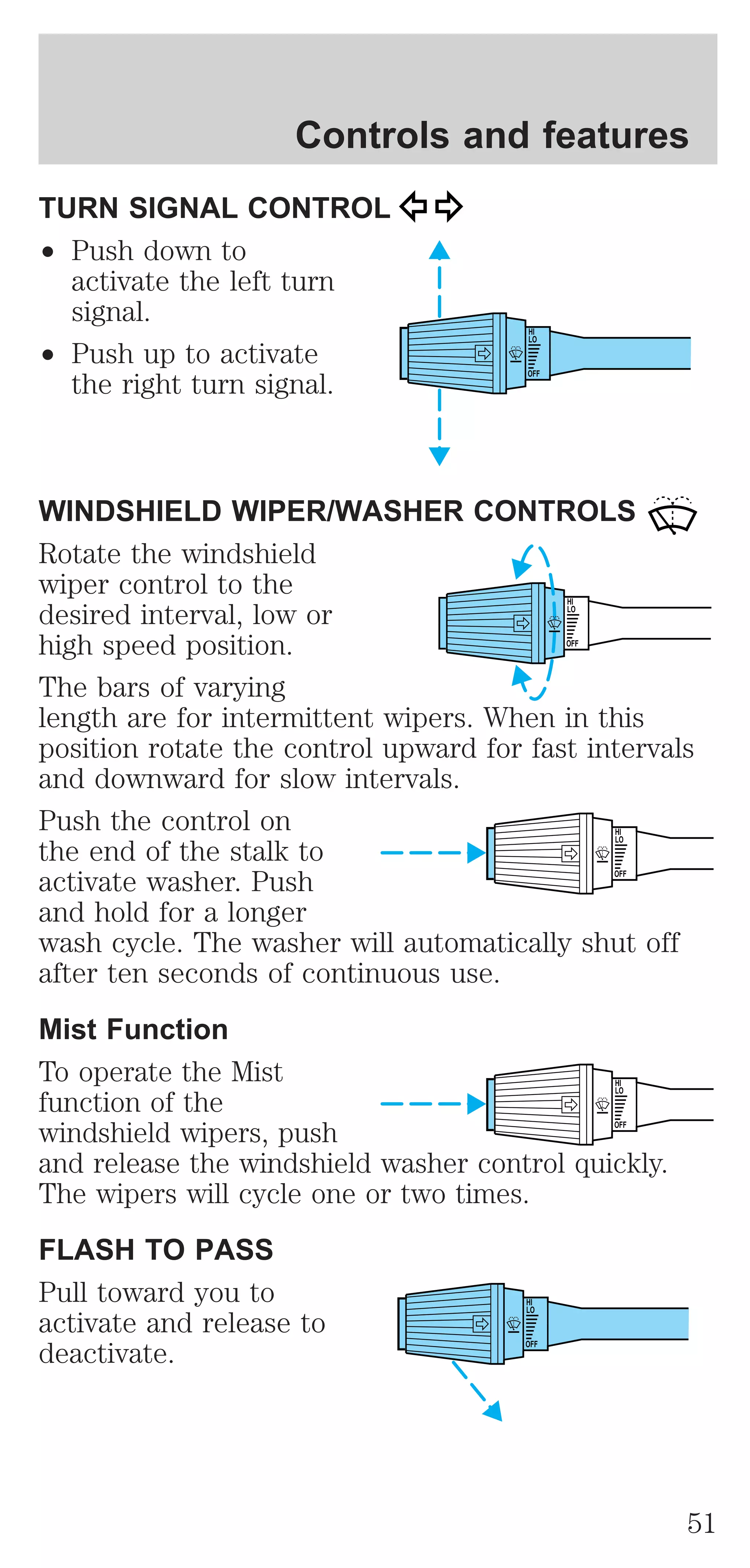 Controls and features 
TURN SIGNAL CONTROL 
² Push down to 
activate the left turn 
signal. 
² Push up to activate 
the right turn signal. 
HI 
LO 
OFF 
WINDSHIELD WIPER/WASHER CONTROLS 
Rotate the windshield 
wiper control to the 
desired interval, low or 
HI 
LO 
high speed position. 
OFF 
The bars of varying 
length are for intermittent wipers. When in this 
position rotate the control upward for fast intervals 
and downward for slow intervals. 
Push the control on 
HI 
the end of the stalk to 
LO 
activate washer. Push 
OFF 
and hold for a longer 
wash cycle. The washer will automatically shut off 
after ten seconds of continuous use. 
Mist Function 
To operate the Mist 
HI 
function of the 
LO 
windshield wipers, push 
OFF 
and release the windshield washer control quickly. 
The wipers will cycle one or two times. 
FLASH TO PASS 
Pull toward you to 
HI 
activate and release to 
LO 
deactivate. 
OFF 
51 
 
