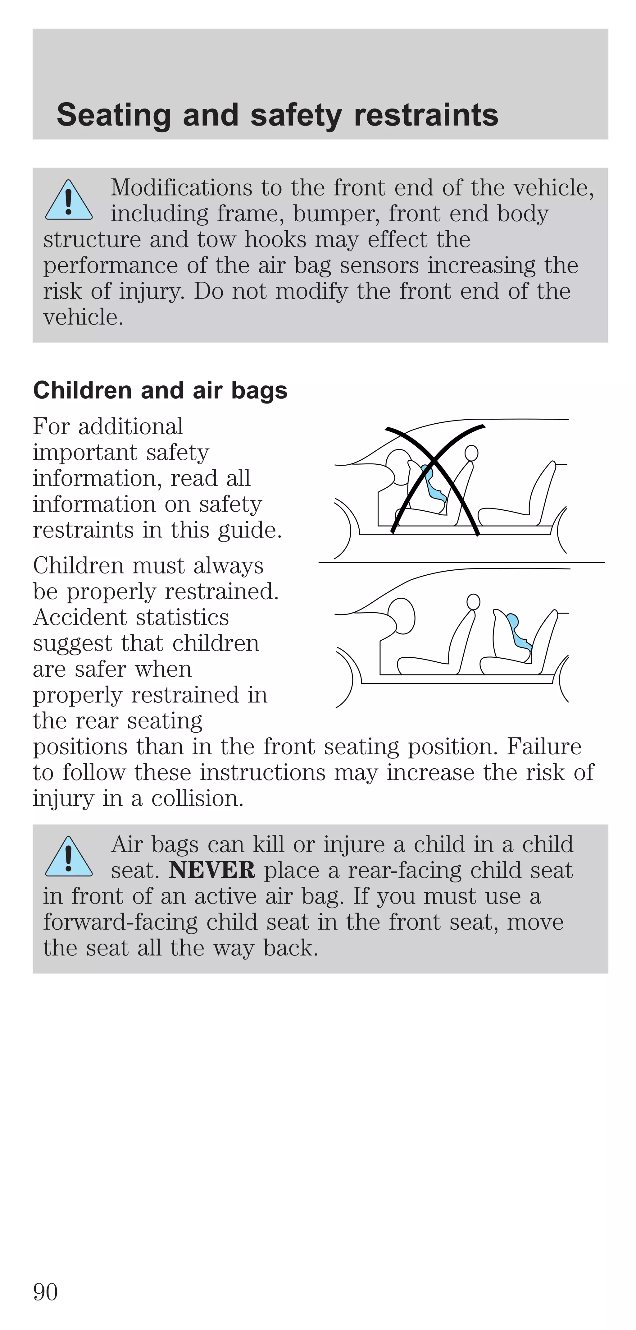 Seating and safety restraints 
Modifications to the front end of the vehicle, 
including frame, bumper, front end body 
structure and tow hooks may effect the 
performance of the air bag sensors increasing the 
risk of injury. Do not modify the front end of the 
vehicle. 
Children and air bags 
For additional 
important safety 
information, read all 
information on safety 
restraints in this guide. 
Children must always 
be properly restrained. 
Accident statistics 
suggest that children 
are safer when 
properly restrained in 
the rear seating 
positions than in the front seating position. Failure 
to follow these instructions may increase the risk of 
injury in a collision. 
Air bags can kill or injure a child in a child 
seat. NEVER place a rear-facing child seat 
in front of an active air bag. If you must use a 
forward-facing child seat in the front seat, move 
the seat all the way back. 
90 
 