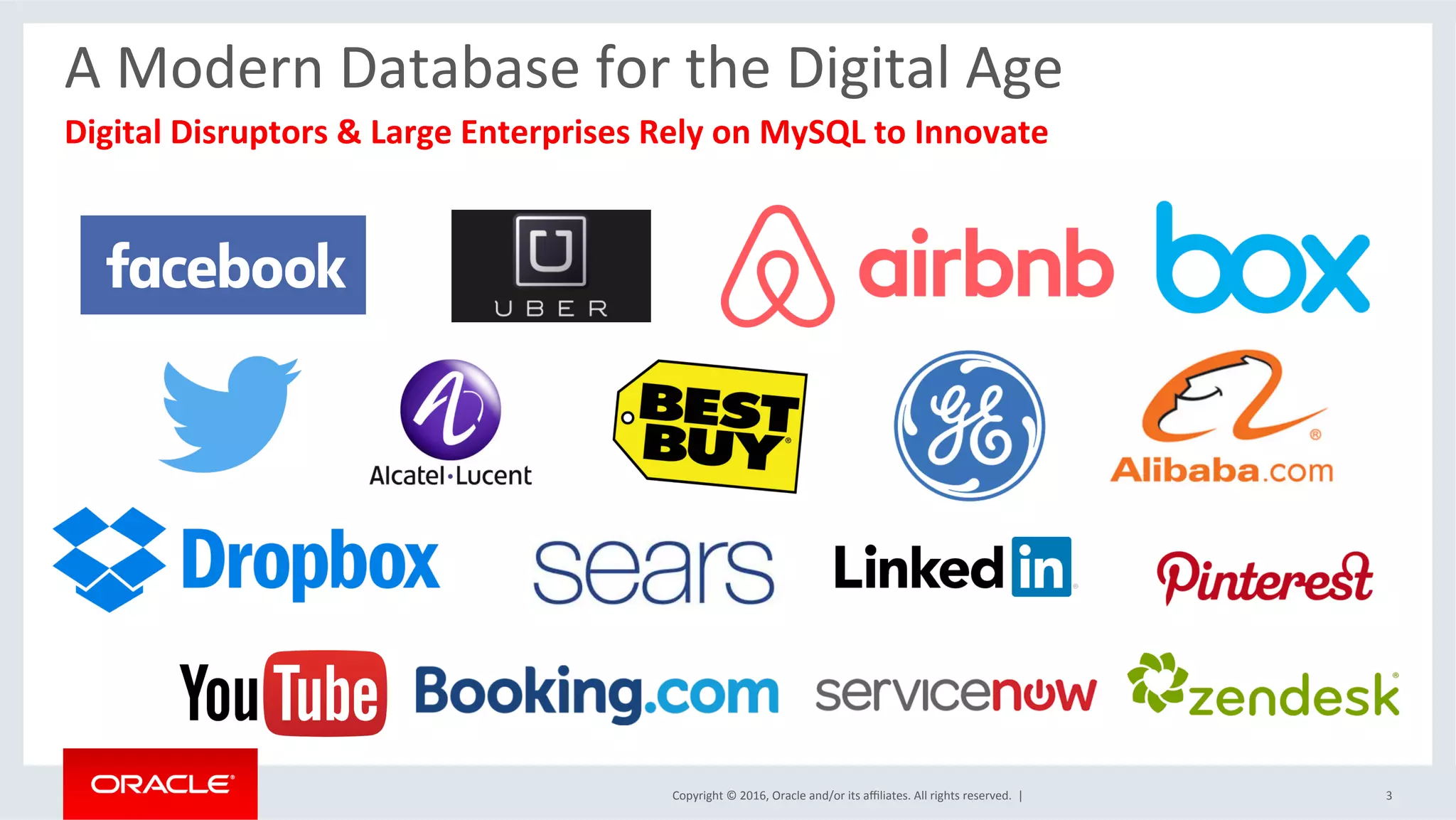 Copyright	©	2016,	Oracle	and/or	its	aﬃliates.	All	rights	reserved.		|	
A	Modern	Database	for	the	Digital	Age	
	Digital	Disruptors	&	Large	Enterprises	Rely	on	MySQL	to	Innovate	
3	
 