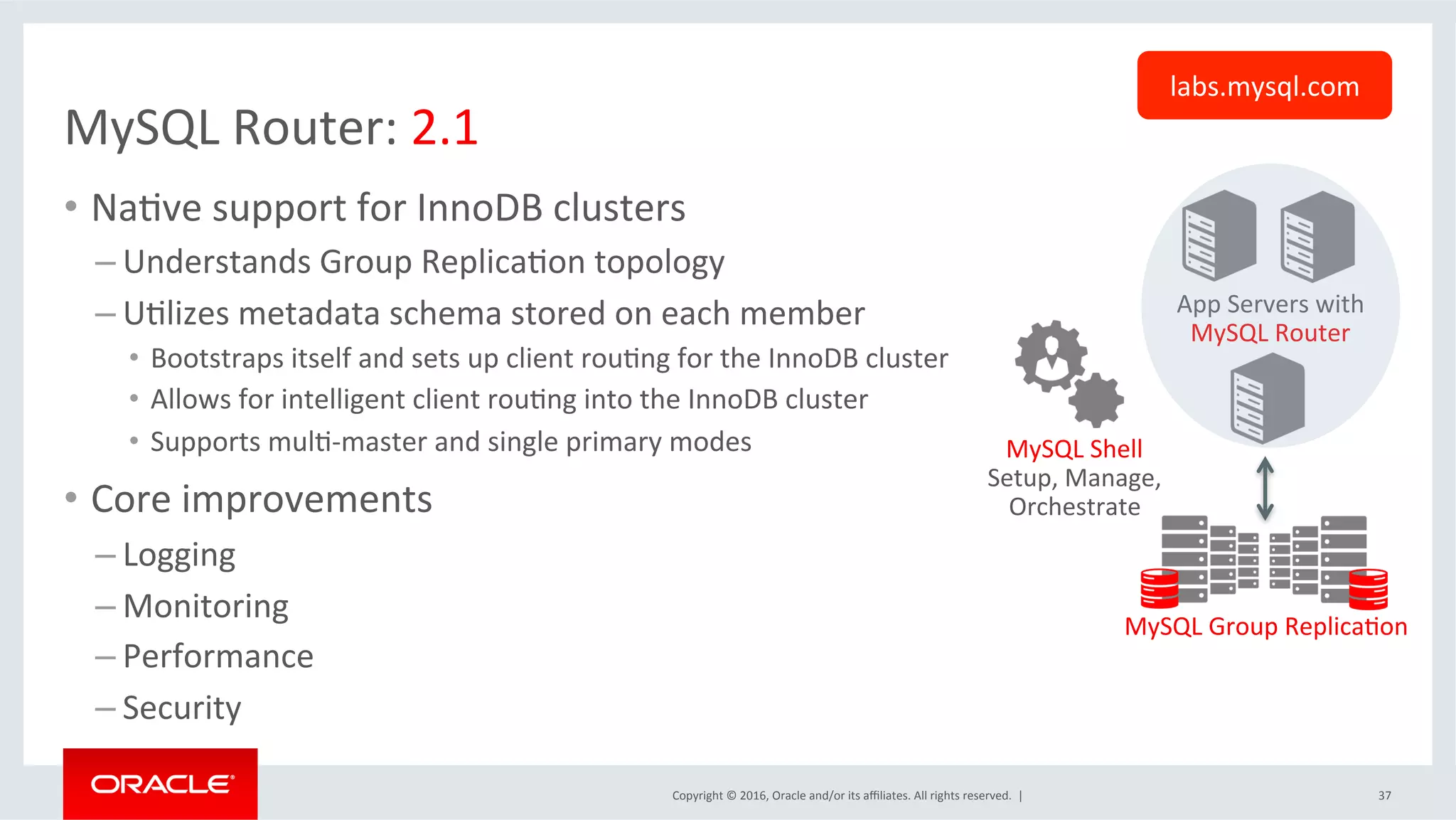 Copyright	©	2016,	Oracle	and/or	its	aﬃliates.	All	rights	reserved.		|	
MySQL	Router:	2.1	
•  NaSve	support	for	InnoDB	clusters	
– Understands	Group	ReplicaSon	topology	
– USlizes	metadata	schema	stored	on	each	member	
•  Bootstraps	itself	and	sets	up	client	rouSng	for	the	InnoDB	cluster		
•  Allows	for	intelligent	client	rouSng	into	the	InnoDB	cluster	
•  Supports	mulS-master	and	single	primary	modes	
•  Core	improvements		
– Logging	
– Monitoring	
– Performance	
– Security		
37	
App	Servers	with	
MySQL	Router	
MySQL	Group	ReplicaSon	
MySQL	Shell	
Setup,	Manage,	
Orchestrate	
labs.mysql.com	
 