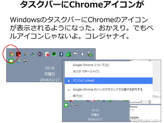タスクバーにChromeアイコンが 
WindowsのタスクバーにChromeのアイコン 
が表示されるようになった。おかえり。でもベ 
ルアイコンじゃないよ。コレジャナイ。 
 