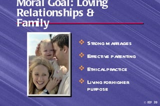 Moral Goal: Loving
Relationships &
Family
             Strong m arriages
             Effective parenting
             Ethicalpractice
             Living forhigher
              purpose
                                    © IEF 39
 