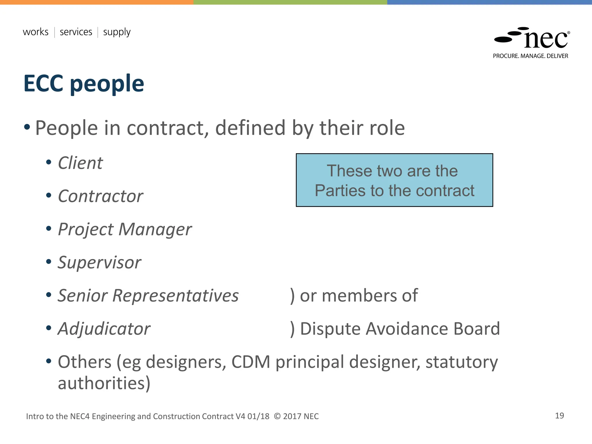 ECC people
Intro to the NEC4 Engineering and Construction Contract V4 01/18 © 2017 NEC 19
• People in contract, defined by their role
• Client
• Contractor
• Project Manager
• Supervisor
• Senior Representatives ) or members of
• Adjudicator ) Dispute Avoidance Board
• Others (eg designers, CDM principal designer, statutory
authorities)
These two are the
Parties to the contract
 