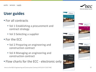 User guides
Intro to the NEC4 Engineering and Construction Contract V4 01/18 © 2017 NEC 12
• For all contracts
• Vol 1 Establishing a procurement and
contract strategy
• Vol 3 Selecting a supplier
• For the ECC
• Vol 2 Preparing an engineering and
construction contract
• Vol 4 Managing an engineering and
construction contract
• Flow charts for the ECC - electronic only
 
