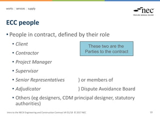 ECC people
Intro to the NEC4 Engineering and Construction Contract V4 01/18 © 2017 NEC 19
• People in contract, defined by their role
• Client
• Contractor
• Project Manager
• Supervisor
• Senior Representatives ) or members of
• Adjudicator ) Dispute Avoidance Board
• Others (eg designers, CDM principal designer, statutory
authorities)
These two are the
Parties to the contract
 