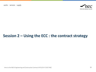 Intro to the NEC4 Engineering and Construction Contract V4 01/18 © 2017 NEC 20
Session 2 – Using the ECC : the contract strategy
 