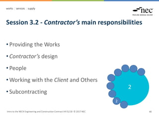 Session 3.2 - Contractor’s main responsibilities
Intro to the NEC4 Engineering and Construction Contract V4 01/18 © 2017 NEC 48
• Providing the Works
• Contractor’s design
• People
• Working with the Client and Others
• Subcontracting
2
2
 