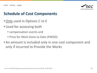 Schedule of Cost Components
Intro to the NEC4 Engineering and Construction Contract V4 01/18 © 2017 NEC 80
• Only used in Options C to E
• Used for assessing both
• compensation events and
• Price for Work Done to Date (PWDD)
• An amount is included only in one cost component and
only if incurred to Provide the Works
 