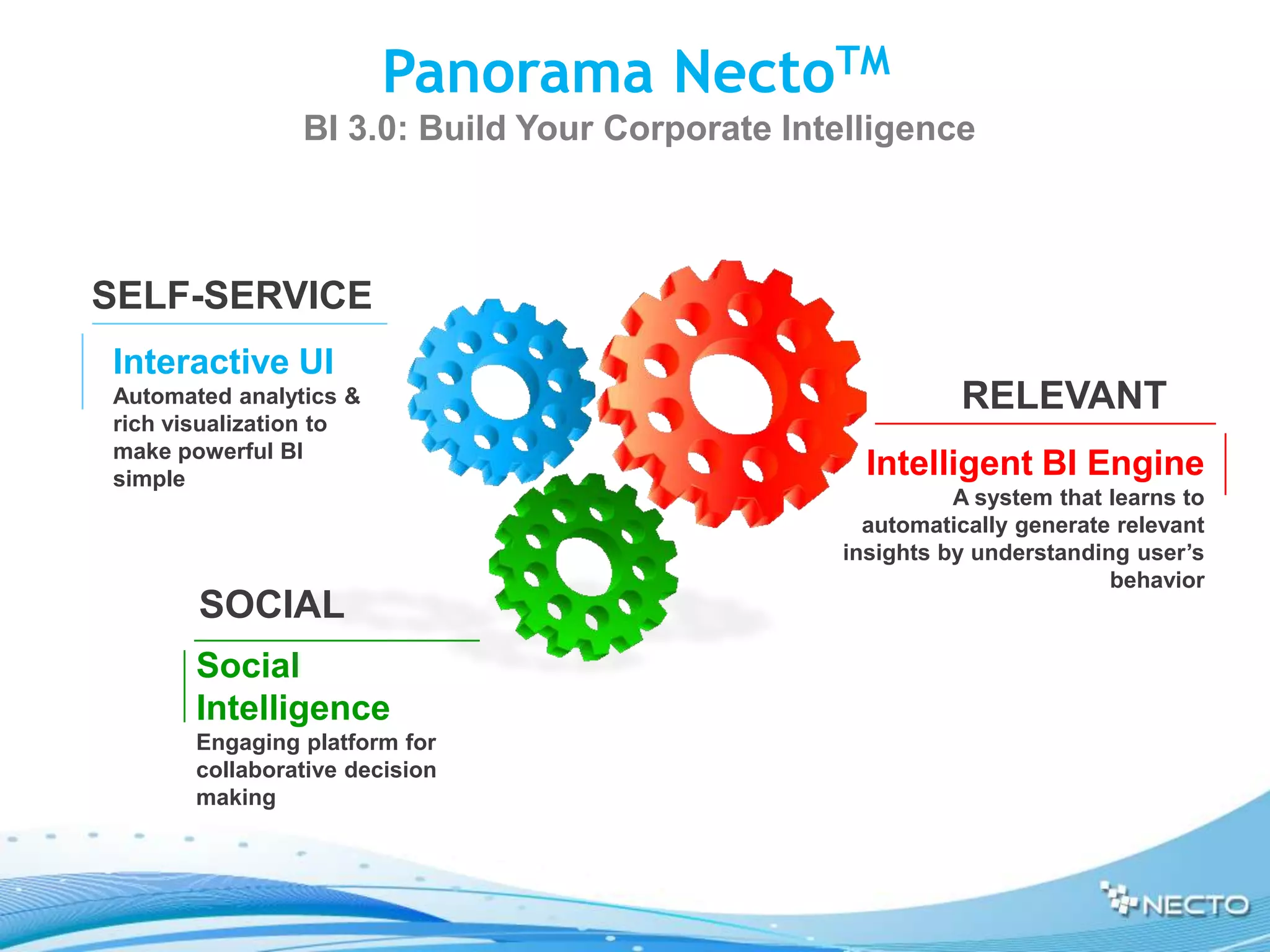 Panorama NectoTM
                BI 3.0: Build Your Corporate Intelligence



SELF-SERVICE
Interactive UI
Automated analytics &                                     RELEVANT
rich visualization to
make powerful BI
simple
                                                  Intelligent BI Engine
                                                          A system that learns to
                                                  automatically generate relevant
                                                insights by understanding user’s
                                                                        behavior
       SOCIAL
       Social
       Intelligence
       Engaging platform for
       collaborative decision
       making
 