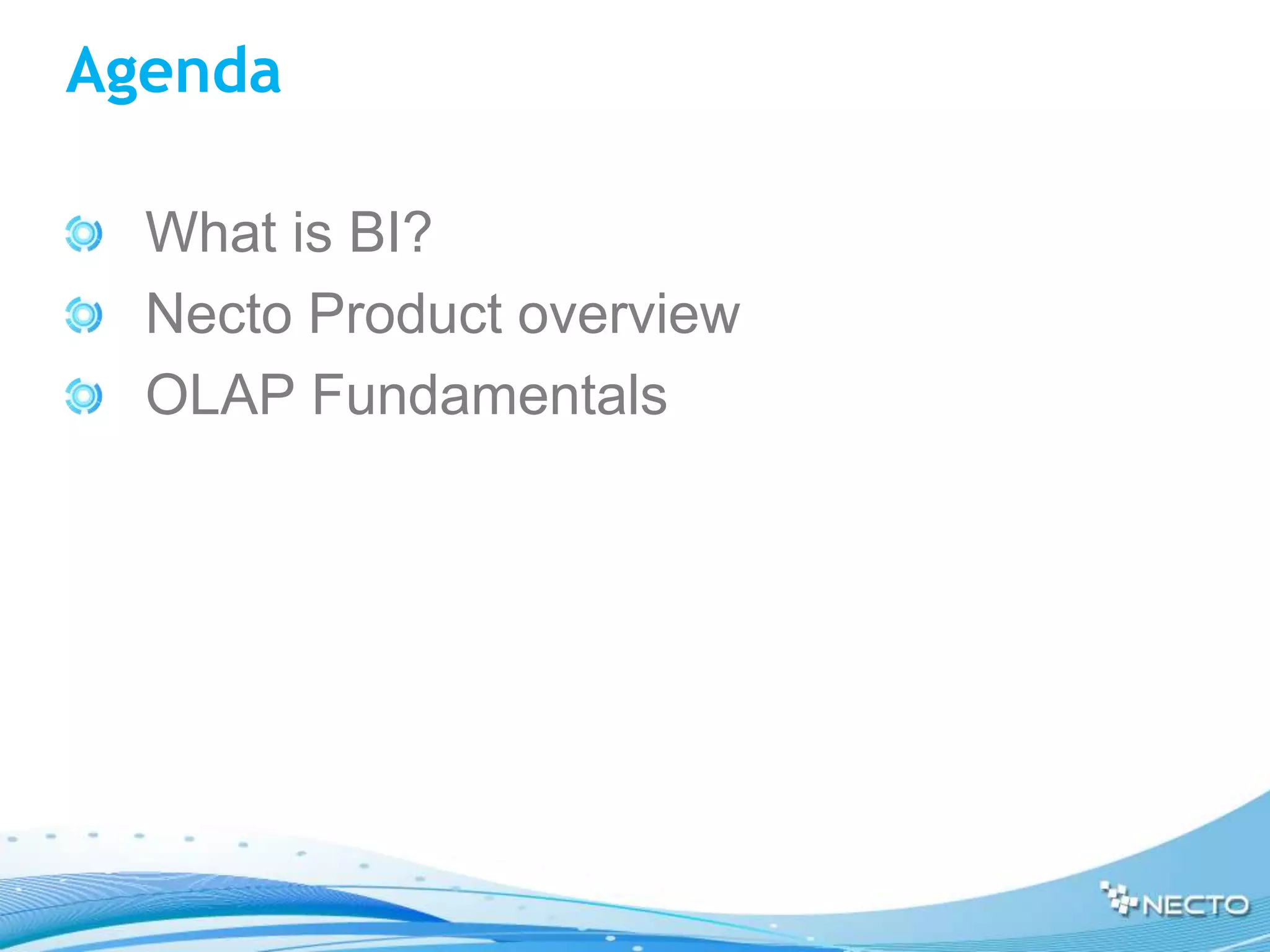 Agenda

  What is BI?
  Necto Product overview
  OLAP Fundamentals
 