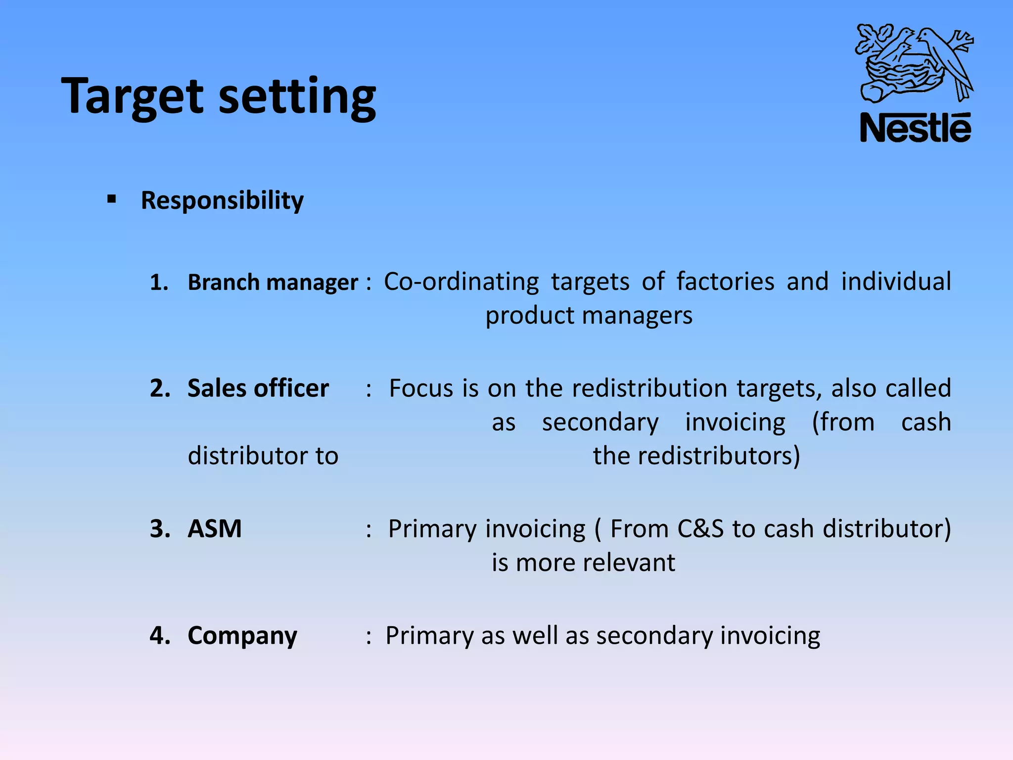 Target setting
 Responsibility
1. Branch manager : Co-ordinating targets of factories and individual
product managers
2. Sales officer : Focus is on the redistribution targets, also called
as secondary invoicing (from cash
distributor to the redistributors)
3. ASM : Primary invoicing ( From C&S to cash distributor)
is more relevant
4. Company : Primary as well as secondary invoicing
 
