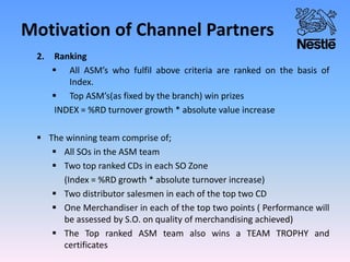 Motivation of Channel Partners
2. Ranking
 All ASM’s who fulfil above criteria are ranked on the basis of
Index.
 Top ASM’s(as fixed by the branch) win prizes
INDEX = %RD turnover growth * absolute value increase
 The winning team comprise of;
 All SOs in the ASM team
 Two top ranked CDs in each SO Zone
(Index = %RD growth * absolute turnover increase)
 Two distributor salesmen in each of the top two CD
 One Merchandiser in each of the top two points ( Performance will
be assessed by S.O. on quality of merchandising achieved)
 The Top ranked ASM team also wins a TEAM TROPHY and
certificates
 