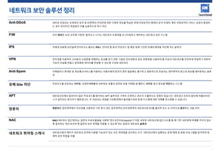 7
네트워크보안솔루션정리
Anti-DDoS 내부로 유입되는 트래픽의 성격 및 트랜잭션,커넥션에 대한 다양한 정보를 학습한 후에 비정상적인 형태의 공격 트래픽, 혹은 비정상적인 서비스 요청이 발생하
는 경우 관리자의 개입없이 이를 능동적으로 즉시 차단
F/W 미리 정의된 보안 규칙에 기반한, 들어오고 나가는 네트워크 트래픽을 모니터링하고 제어하는 네트워크 보안 시스템
IPS 차세대 능동형 보안솔루션이라고도 불리는 IPS는 인터넷 웜 등의 악성코드 및 해킹 등에 기인한 유해트래픽을 차단해 주는 솔루션
VPN 인터넷을 이용하여 고비용의 사설망을 대체하는 효과를 얻기 위한 기술로 인터넷망과 같은 공중망을 사용하여 둘 이상의 네트워크를 안전하게 연결하기 위하여
가상의 터널을 만들고 암호화된 데이터를 전송할 수 있도록 구성된 네트워크
Anti-Spam 이메일이나 휴대폰 등 정보통신서비스를 이용하는 이용자에게 본인이 원치 않음에도 불구하고 일방적으로 전송되는 영리목적의 광고성 정보를 필터링하는 솔루
션
유해 Site 차단 악성코드를 유포하는 사이트, 비업무사이트와 내부정보 유출과 관련된 상용 이메일 및 웹하드 사이트 등의 접속을 차단하는 시스템
APT 네트워크단에서 알려지지 않은 악성코드를 탐지하는 APT 솔루션은 구축이 간편하고 관리가 수월하다는 장점이 있습니다. 네트워크 인프라 앞단에 어플라이언
스가 설치되는 방식이기 때문입니다. 또 의심되는 파일을 가상환경에서 돌려봄으로써 본래 시스템에 대한 피해를 최소화할 수 있습니다.
망분리 망분리란 업무영역에서 인터넷을 사용하던 기존 방식 대신 업무영역과 인터넷영역의 네트워크와 PC를 물리적 또는 논 리적으로 분리하는 것을 의미
NAC NAC(네트워크 접근제어)는 일련의 프로토콜들을 사용해 '엔드포인트(Endpoint)'가 처음 내부망 네트워크에 접근시도를 할 때 기존 내부망에 피해를 끼치지 않도
록 접속하는 '엔드포인트'에 일련의 보안 정책을 적용할 수 있도록 하는 컴퓨터 네트워킹 솔루션
네트워크 취약점 스캐너 네트워크에서 해커가 네트워크 공격에 사용할 가능성이 있는 모든 취약점을 검사하는 도구. 네트워크에서 실행되는 운영 체계 및 응용 프로그램을 분석하여 잠
재적 보안 허점을 식별
 