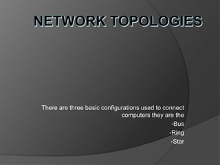 There are three basic configurations used to connect
computers they are the
Bus
Ring
Star

 