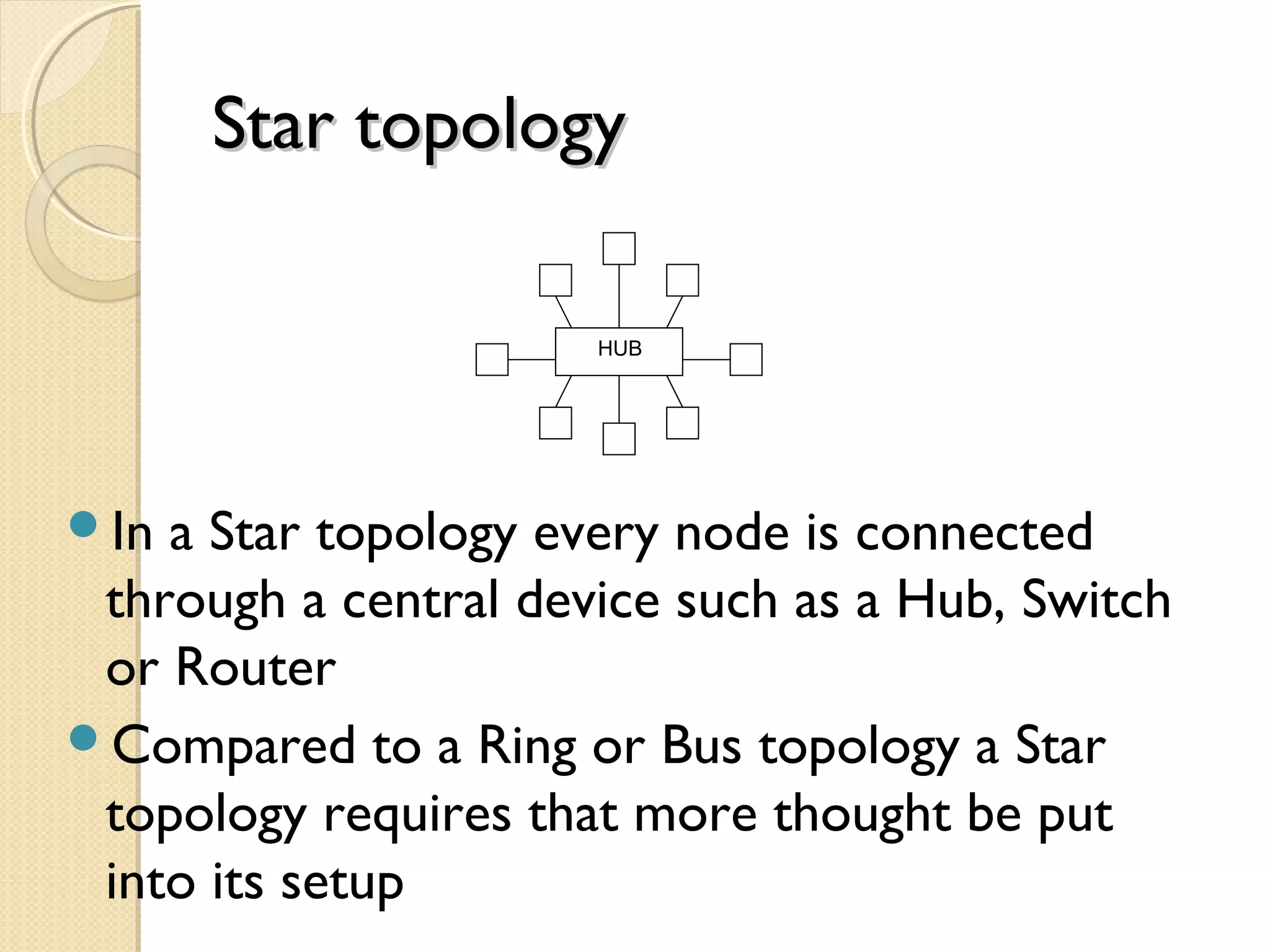 Star topologyStar topology
In a Star topology every node is connected
through a central device such as a Hub, Switch
or Router
Compared to a Ring or Bus topology a Star
topology requires that more thought be put
into its setup
HUB
 