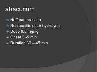 atracurium
 Hoffman reaction
 Nonspecific ester hydrolysis
 Dose 0.5 mg/kg
 Onset 3 -5 min
 Duration 30 – 45 min
 