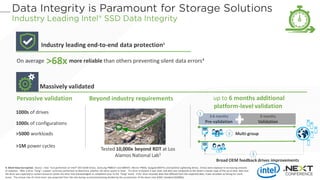 Industry leading end-to-end data protection4
>68xOn average more reliable than others preventing silent data errors4
Massively validated
1000s of drives
1000s of configurations
>5000 workloads
>1M power cycles
Tested 10,000x beyond RDT at Los
Alamos National Lab5
Pervasive validation Beyond industry requirements up to 6 months additional
platform-level validation
9 months
Validation
3-6 months
Pre-validation
1
2 Multi-group
Broad OEM feedback drives improvements
3
4. Silent Data Corruption. Source - Intel. Test performed on Intel® SSD S3x00 drives, Samsung PM853T and SM843T, Micron P400e, Seagate 600 Pro and SanDisk Lightening drives. Drives were exposed to increasing amounts
of radiation. After a drive “hang”, a power cycle was performed to determine whether the drive would re-boot. If a drive re-booted it was read, and data was compared to the tester’s master copy of the up-to-date data that
the drive was expected to contain based on writes the drive had acknowledged as completed prior to the “hang” event. If the drive returned data that differed from the expected data, it was recorded as failing for silent
errors. The annual rate of silent errors was projected from the rate during accelerated testing divided by the acceleration of the beam (see JEDEC standard JESD89A).
 