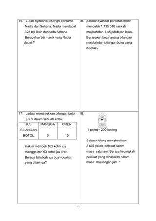 4
15. 7 240 biji manik dikongsi bersama
Nadia dan Suhana. Nadia mendapat
328 biji lebih daripada Sahana.
Berapakah biji manik yang Nadia
dapat ?
16. Sebuah syarikat pencetak boleh
mencetak 1 735 010 naskah
majalah dan 1.45 juta buah buku.
Berapakah beza antara bilangan
majalah dan bilangan buku yang
dicetak?
17. Jadual menunjukkan bilangan botol
jus di dalam sebuah kotak.
JUS MANGGA OREN
BILANGAN
BOTOL 9 15
Hakim membeli 163 kotak jus
mangga dan 93 kotak jus oren.
Berapa botolkah jus buah-buahan
yang dibelinya?
18.
1 peket = 200 keping
Sebuah kilang menghasilkan
2 607 peket pelekat dalam
masa satu jam. Berapa kepingkah
pelekat yang dihasilkan dalam
masa 9 setengah jam ?
 