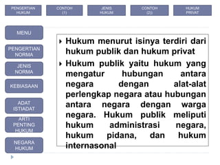  Hukum menurut isinya terdiri dari
hukum publik dan hukum privat
 Hukum publik yaitu hukum yang
mengatur hubungan antara
negara dengan alat-alat
perlengkap negara atau hubungan
antara negara dengan warga
negara. Hukum publik meliputi
hukum administrasi negara,
hukum pidana, dan hukum
internasonal
MENU
PENGERTIAN
NORMA
JENIS
NORMA
ADAT
ISTIADAT
KEBIASAAN
ARTI
PENTING
HUKUM
NEGARA
HUKUM
CONTOH
(1)
JENIS
HUKUM
PENGERTIAN
HUKUM
CONTOH
(2))
HUKUM
PRIVAT
 