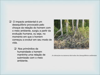 As alterações na natureza derivadas dos desequilíbrios ambientais O impacto ambiental é um desequilíbrio provocado pelo choque da relação do homem com o meio ambiente, surgiu a partir da evolução humana, ou seja, no momento em que o homem começou a evoluir em seu modo de vida. Nos primórdios da humanidade o homem mantinha uma relação de submissão com o meio ambiente.  