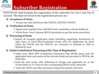 Confidential © Copyright 2010 Wipro Ltd 10
Subscriber Registration
PoP/PoP-SP shall facilitate the registration of the subscriber for Tier I and Tier II
account. The steps involved in the registration process are:
 Acceptance of forms
 Accept only duly filed forms like UOS-S1, UOS-S10, UOS-S11
 Verification of forms
 Signed and complete form with DoB, bank, nomination, scheme details etc
 Verify Know Your Customer (KYC) documents as per the norms prescribed
 Processing of forms
submit all accepted application forms (including supporting documents) on
daily basis, to CRA/CRA-Facilitation Centre (FC) for digitization by hand
where the PoP-SP and the CRA-FC are co-located or transmit to CRA in
Mumbai by post
 Initial Contribution Processing at the Time of Registration:
collect duly filled NPS Contribution Instruction Slip (NCIS) along with the
application form and ensure all the relevant details are provided in NCIS by the
Subscriber.
remit the clear funds, after deducting its charges and applicable tax, to the
Trustee Bank on T+1 basis for the corresponding PRAN of the subscriber
 retain the ‘NCIS’ and other transaction related documents with itself
 