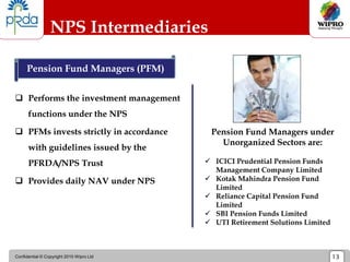 Confidential © Copyright 2010 Wipro Ltd 13
NPS Intermediaries
 Performs the investment management
functions under the NPS
 PFMs invests strictly in accordance
with guidelines issued by the
PFRDA/NPS Trust
 Provides daily NAV under NPS
Pension Fund Managers (PFM)
Pension Fund Managers under
Unorganized Sectors are:
 ICICI Prudential Pension Funds
Management Company Limited
 Kotak Mahindra Pension Fund
Limited
 Reliance Capital Pension Fund
Limited
 SBI Pension Funds Limited
 UTI Retirement Solutions Limited
 