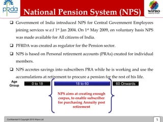 Confidential © Copyright 2010 Wipro Ltd 5
National Pension System (NPS)
 Government of India introduced NPS for Central Government Employees
joining services w.e.f 1st Jan 2004. On 1st May 2009, on voluntary basis NPS
was made available for All citizens of India.
 PFRDA was created as regulator for the Pension sector.
 NPS is based on Personal retirement accounts (PRAs) created for individual
members.
 NPS accretes savings into subscribers PRA while he is working and use the
accumulations at retirement to procure a pension for the rest of his life.
0 to 18 18 to 60 60 Onwards
Age
Group
NPS aims at creating enough
corpus, to enable subscriber
for purchasing Annuity post
retirement
 